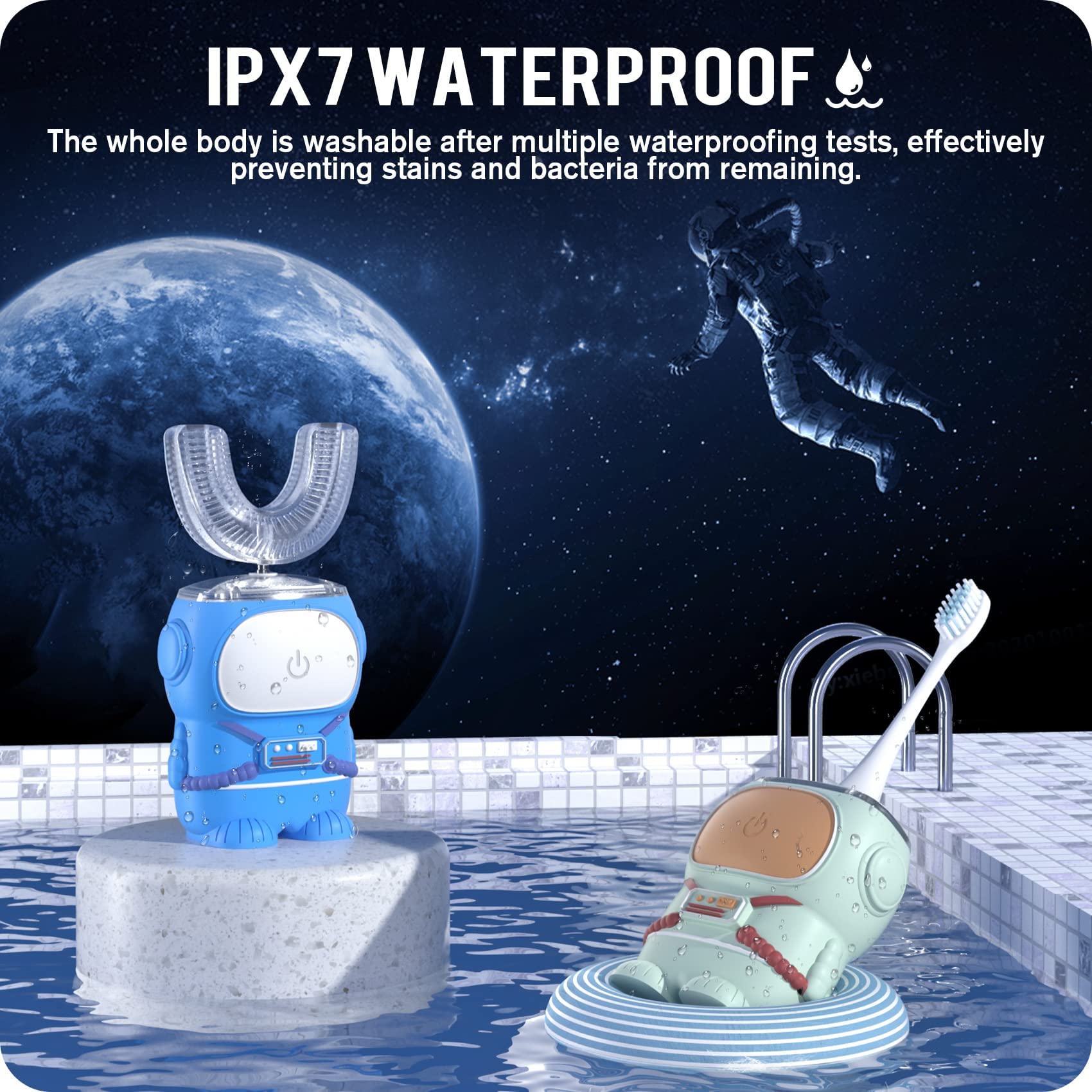 RexCodar Ultrasonic Kid's U-Shaped Electric Toothbrush, IPX7 Waterproof, Five Cleaning Modes, 60S Smart Reminder (Blue Ages 6-12)