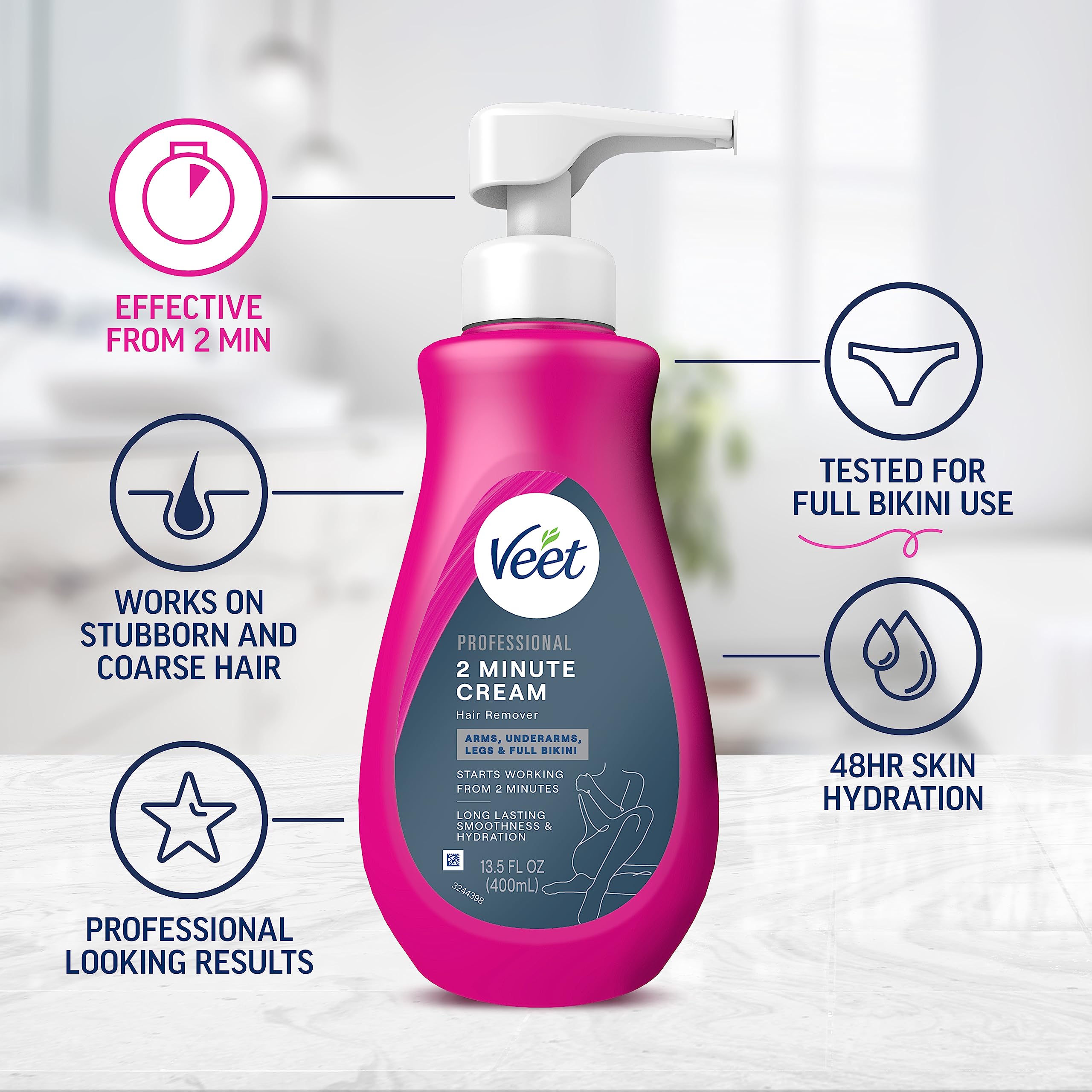 VEET Professional 2 Minute Hair Removal Cream For All Skin Types with Shea Butter | Effective Full Bikini Hair Removal, Pubic Hair Removal Gel | Dermatologically Tested | 13.5 FL OZ Bottle w/Spatula
