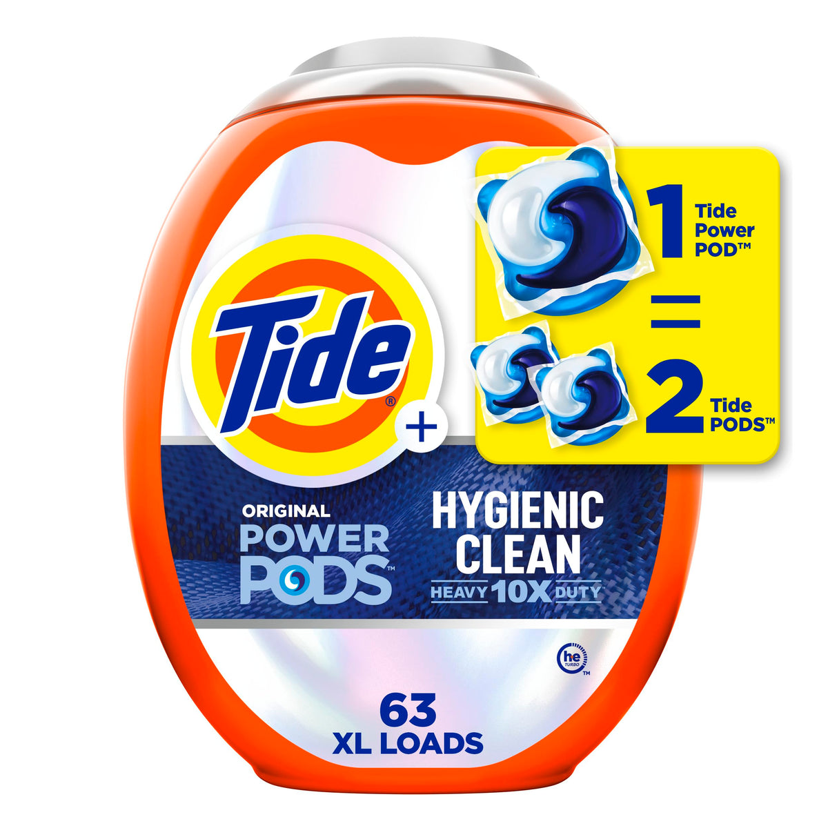 Tide Hygienic Clean Heavy 10x Duty Power PODS منظف غسيل باكس سائل أصلي 63 قرصًا للأوساخ المرئية وغير المرئية (عبوة من قطعة واحدة)