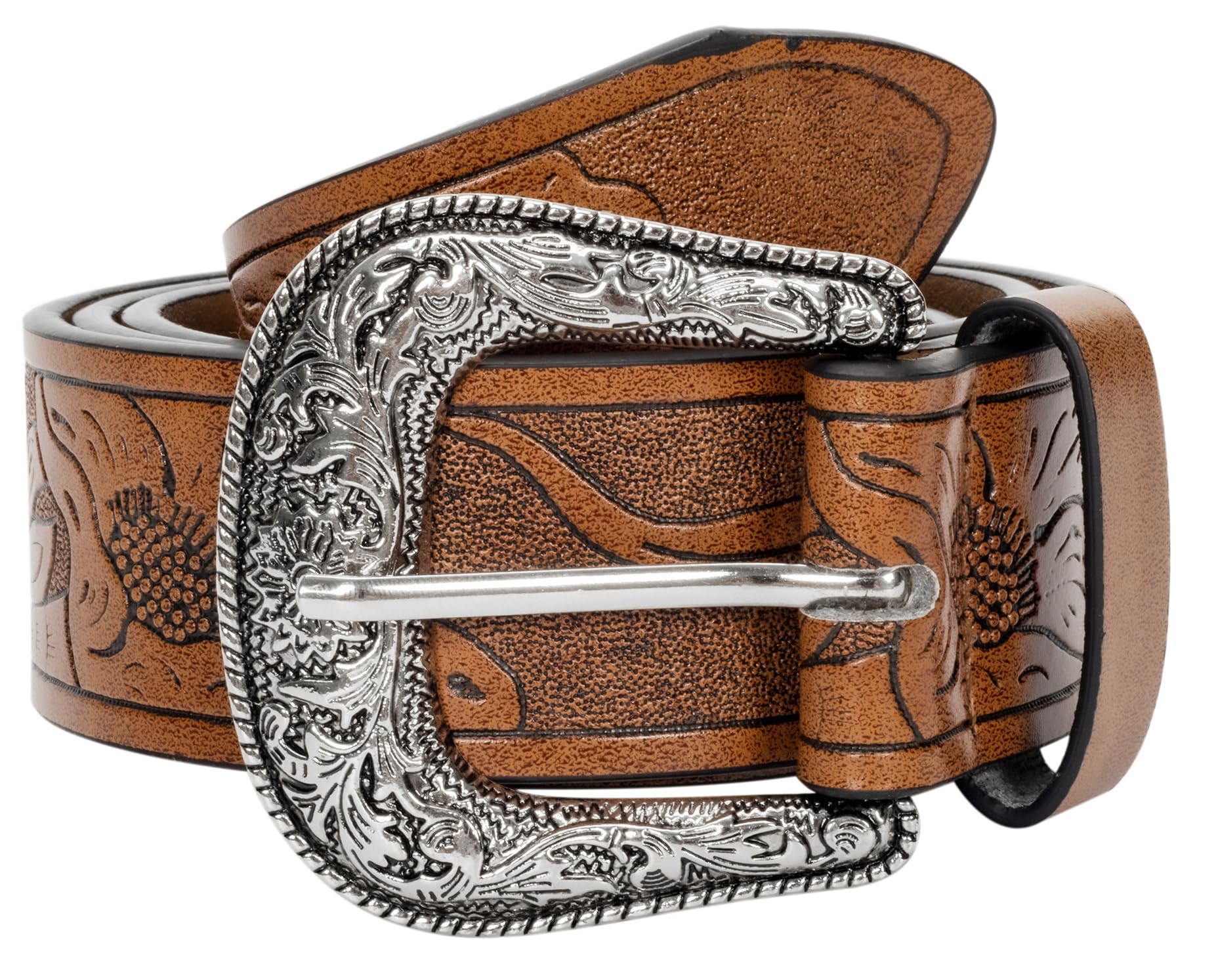 Western-Leather-Belts-Women Vintage Waist-Belts with Hollow Out Flower Buckle