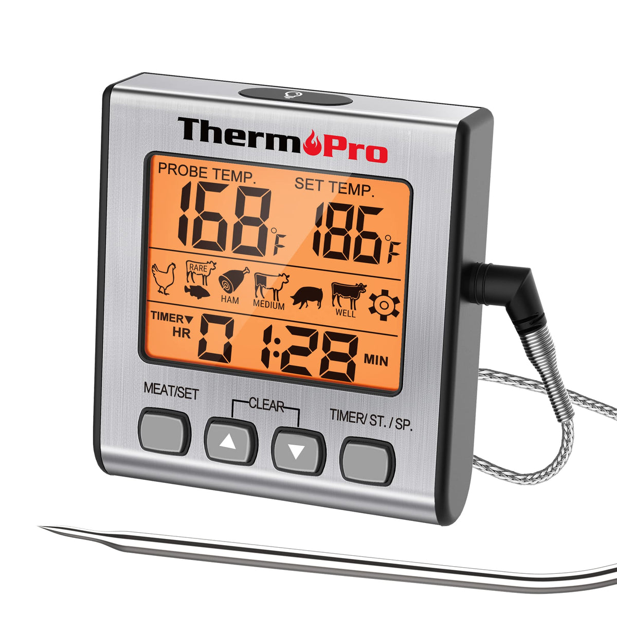 ThermoPro TP16S Digitales Fleischthermometer zum Kochen und Grillen, BBQ Lebensmittelthermometer mit Hintergrundbeleuchtung und Küchentimer, Grillthermometer mit Sonde für Smoker, Barbecue, Ofen, Backen, Öl