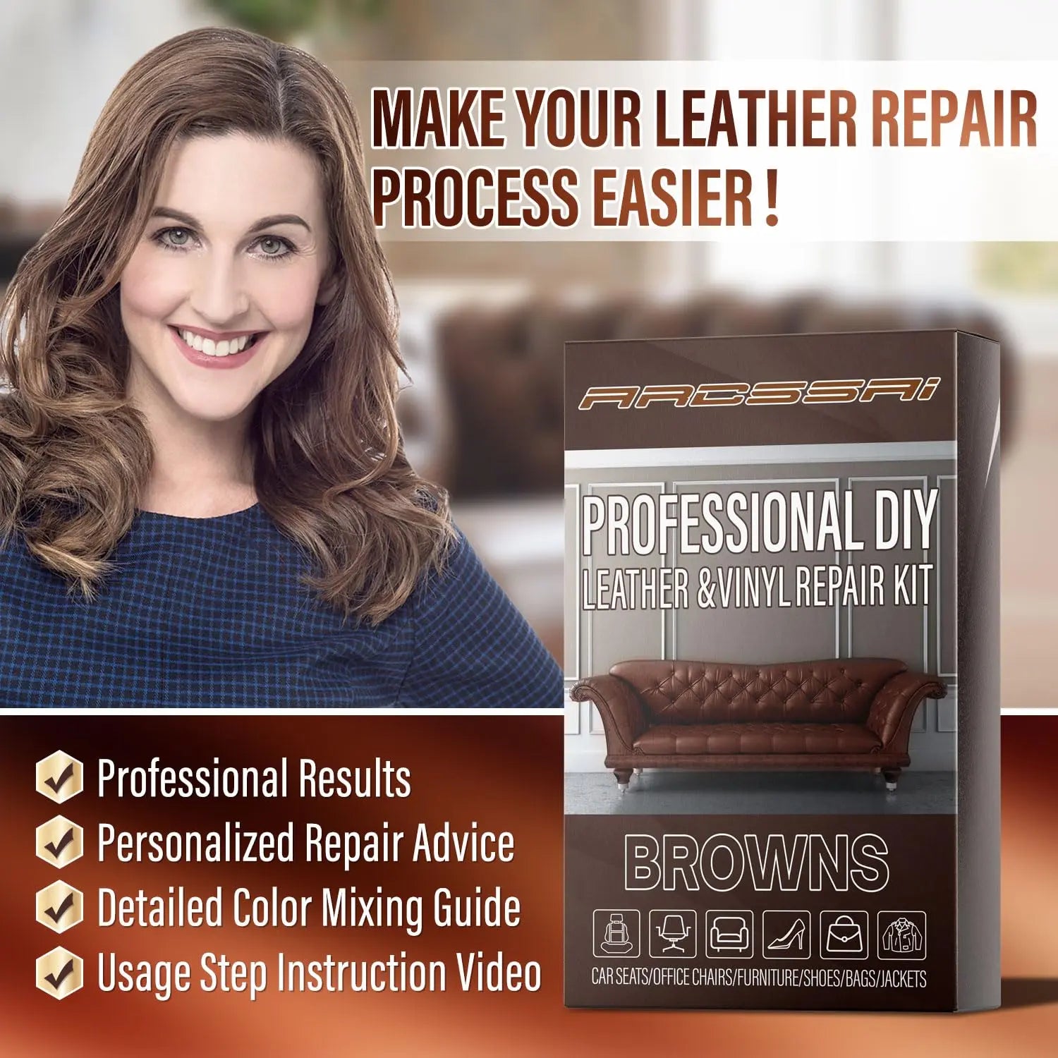 ARCSSAI ARCSSAL Brown Leather Repair Kit for Furniture, Leather Couch Repair Kit for Sofa, Jacket, Car Seats and Purse with Super Easy Instructions, Restores Any Material, Bonded, Pleather, Genuine