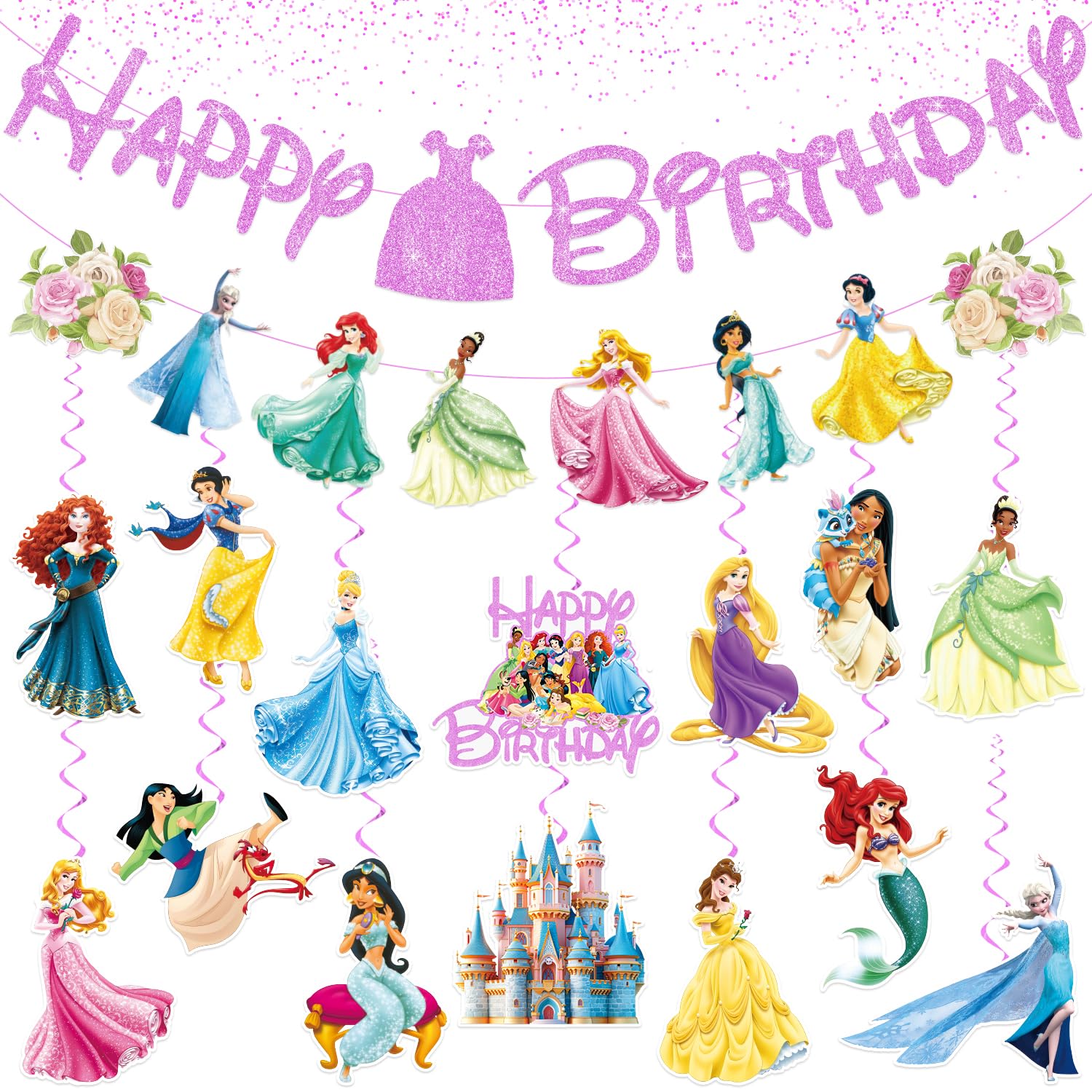 Princess Birthday Party Decorations Include 1pc Glitter Happy Birthday Banner,1pc Princess Banner and 14pcs Cute Hanging Swirls for Girls, Pre-Assembled Party Decorations