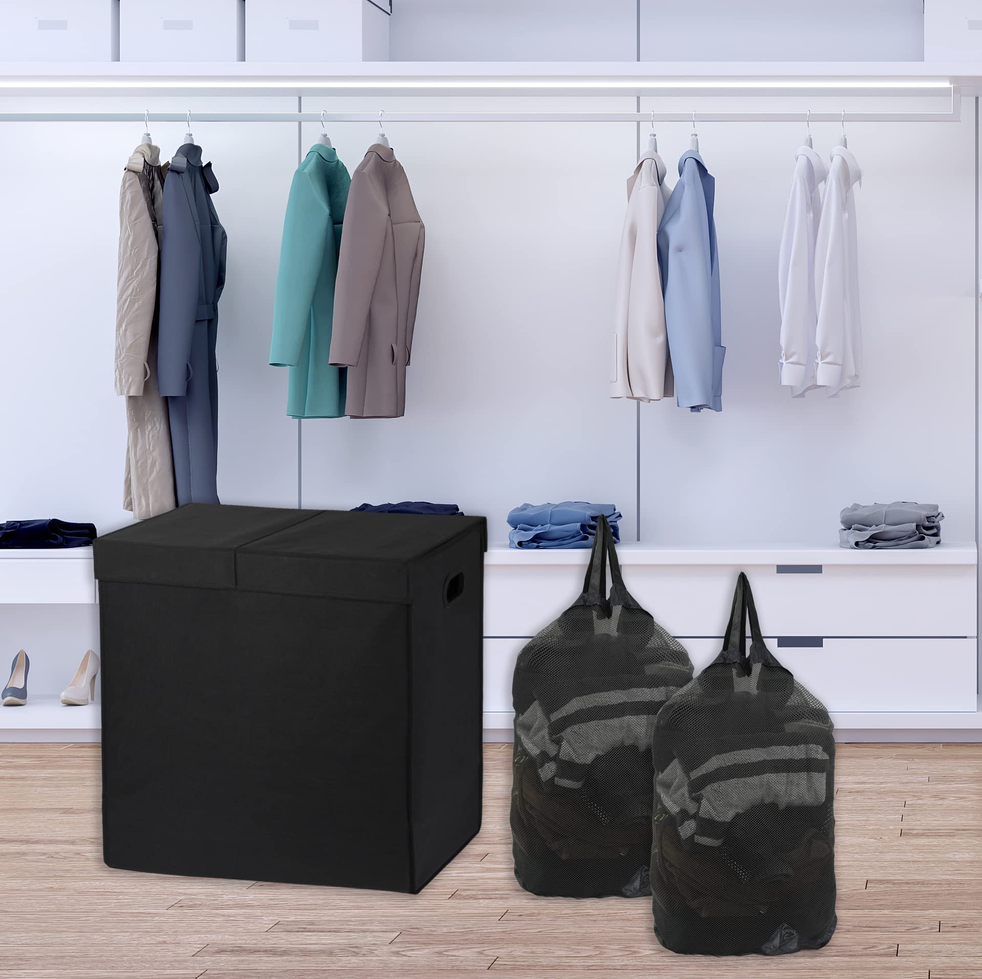 Simple Houseware Double Laundry Hamper with Lid and Removable Bags, Black