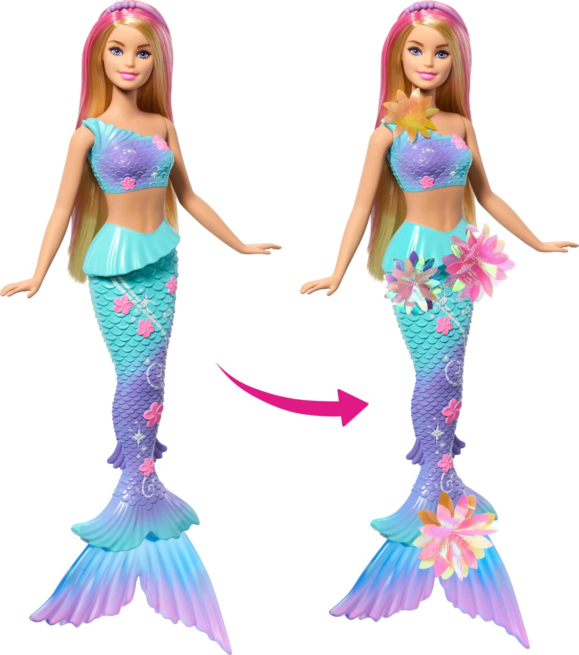 Barbie Mermaid Toy Dolls with Surprise Magic Blooming Flowers Feature, Ombre Tails, Pearl Headband Accessory & Long Blonde Hair with Pink Highlights