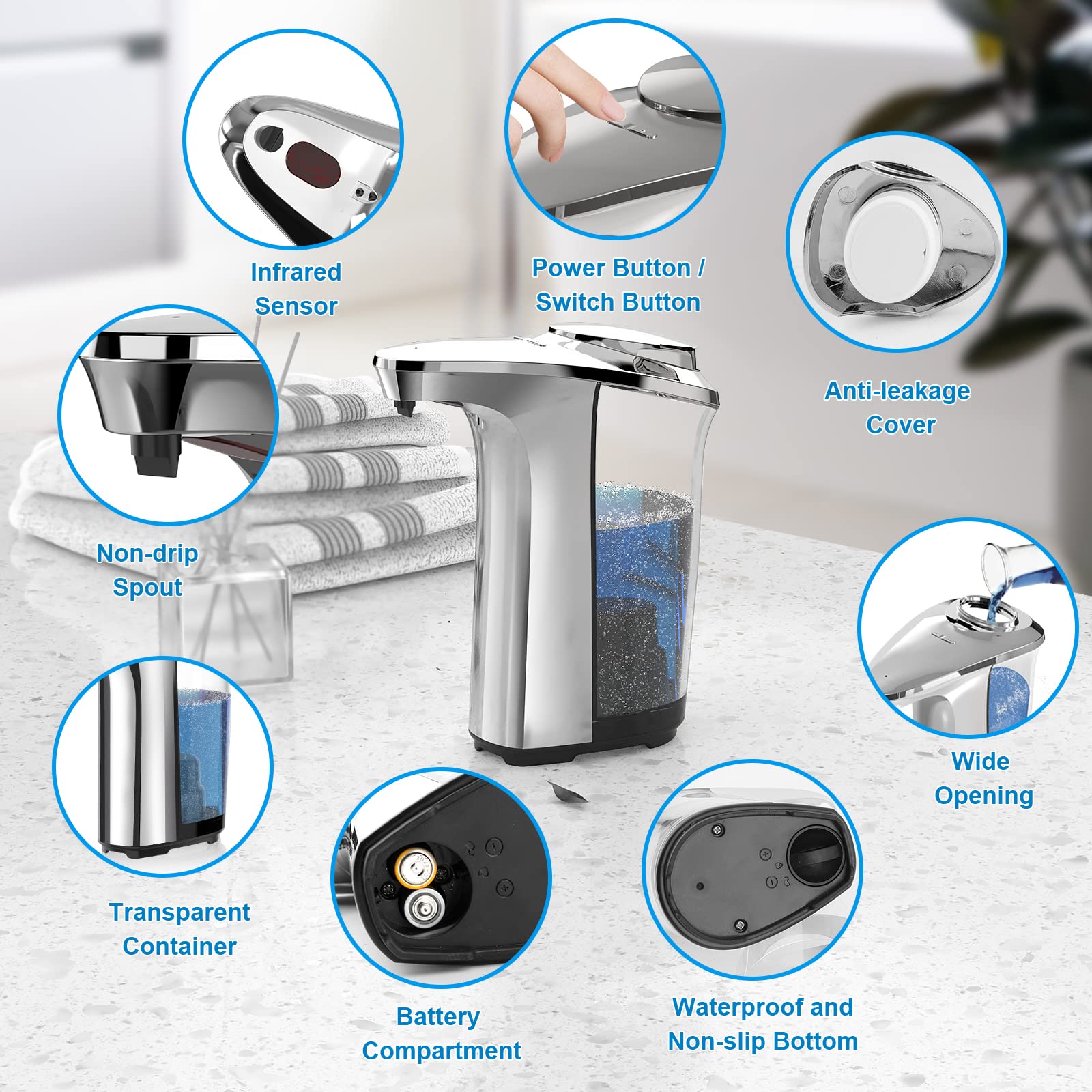 PZOTRUF Automatic Soap Dispenser, Touchless Dish Soap Dispenser 17oz/500ml with Infrared Sensor, 5 Adjustable Soap Levels, Liquid Dispenser for Bathroom Kitchen (Silver)