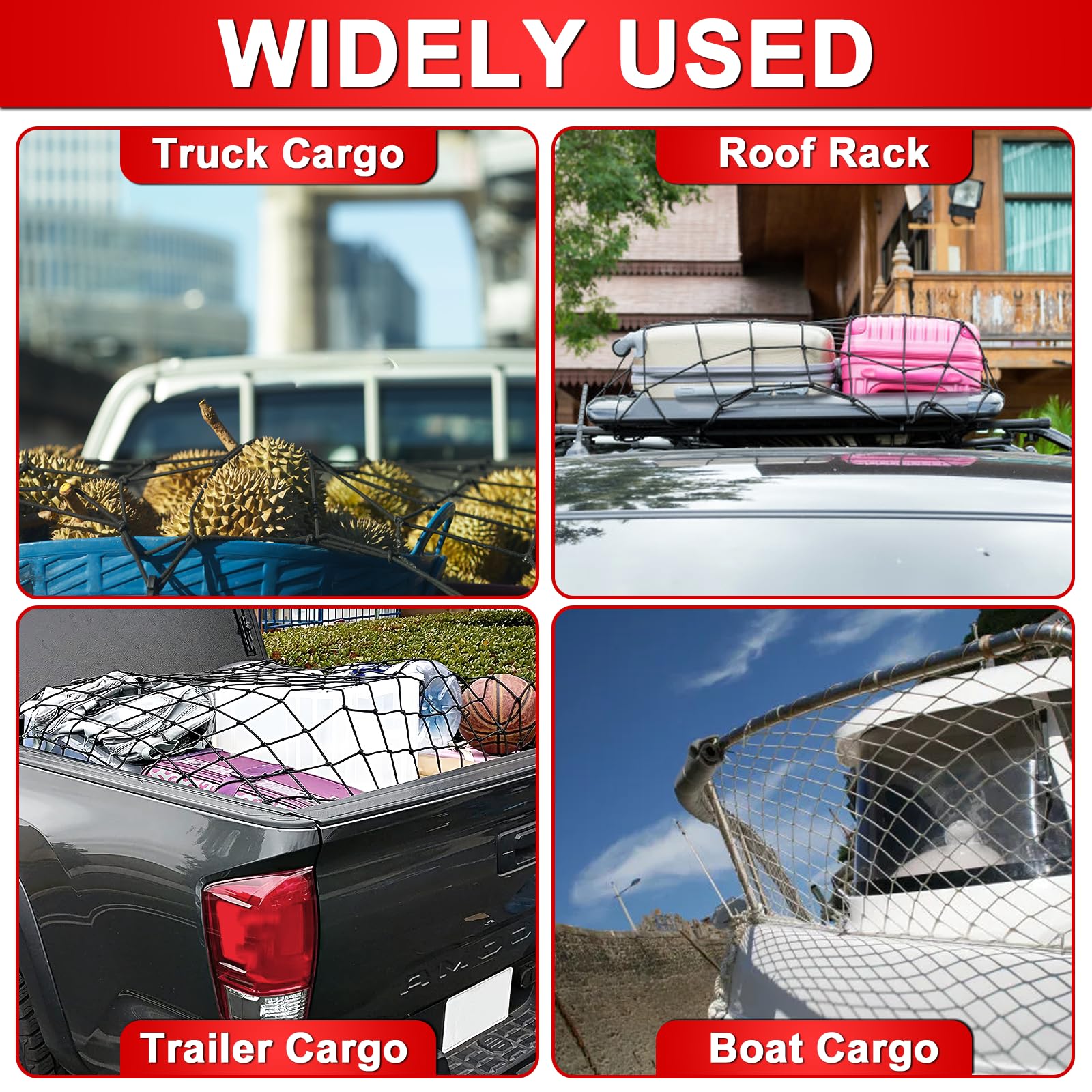4’x6’ Truck Cargo Net Expands to 8' x 12' with 4"x4" Mesh Grid Super Duty Bungee Heavy Duty Bed Netting for Truck Bed Stretches with 12 Adjustable Metal Carabiners by Cenipar