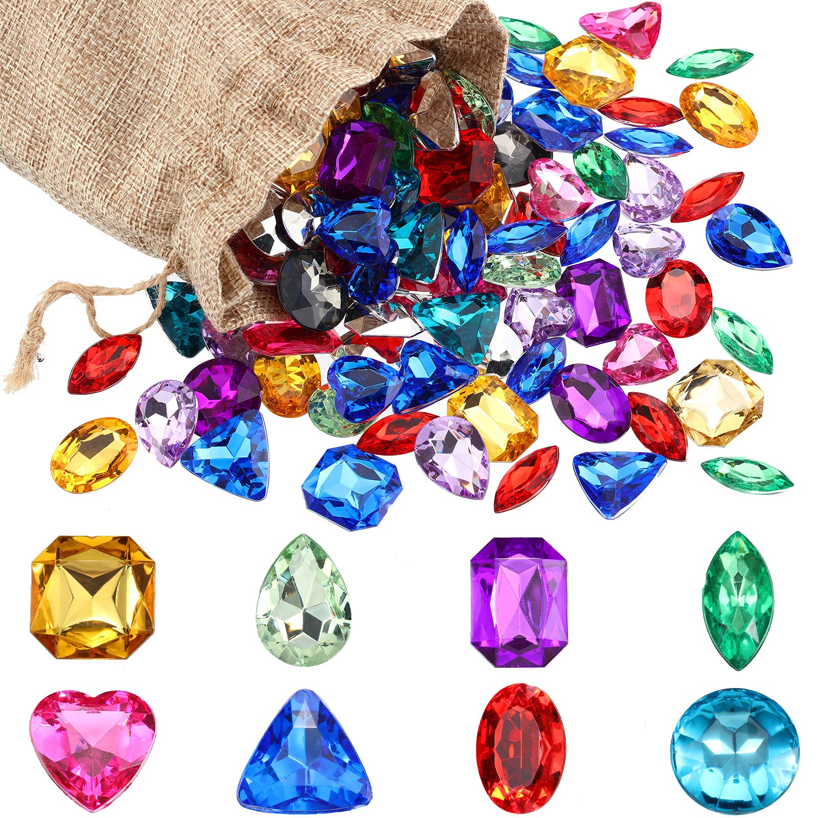 Hicarer 100 Pieces Toy Gems Pirate Treasure Jewels Fake Acrylic Gems Multicolor Bling Diamonds Plastic Gemstones with a Drawstring Bag for Party Table Decorations Pirate Party Favors