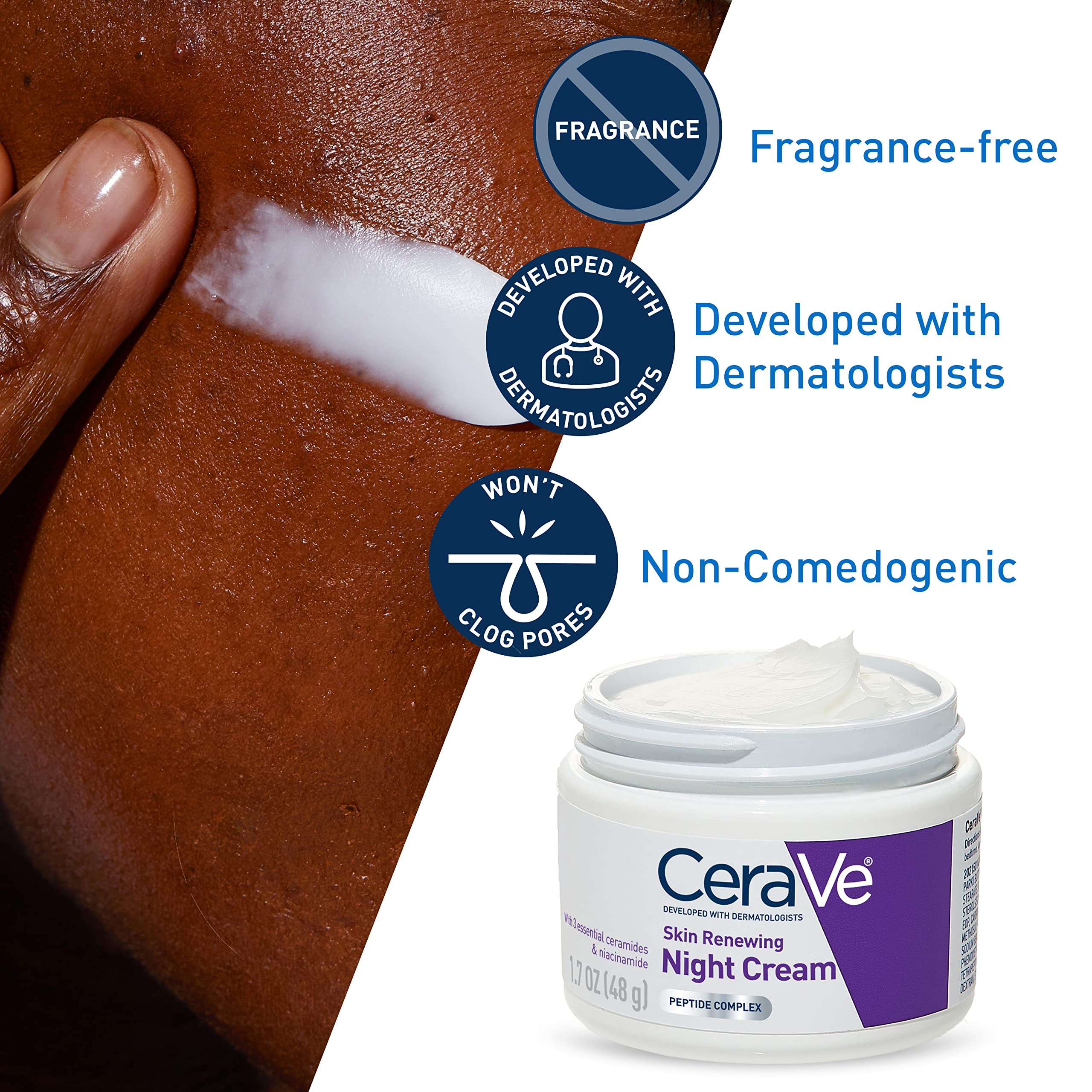 CeraVe Skin Renewing Night Cream, Niacinamide, Peptide Complex, and Hyaluronic Acid Moisturizer for Face, 1.7 Ounce, Packaging may Vary