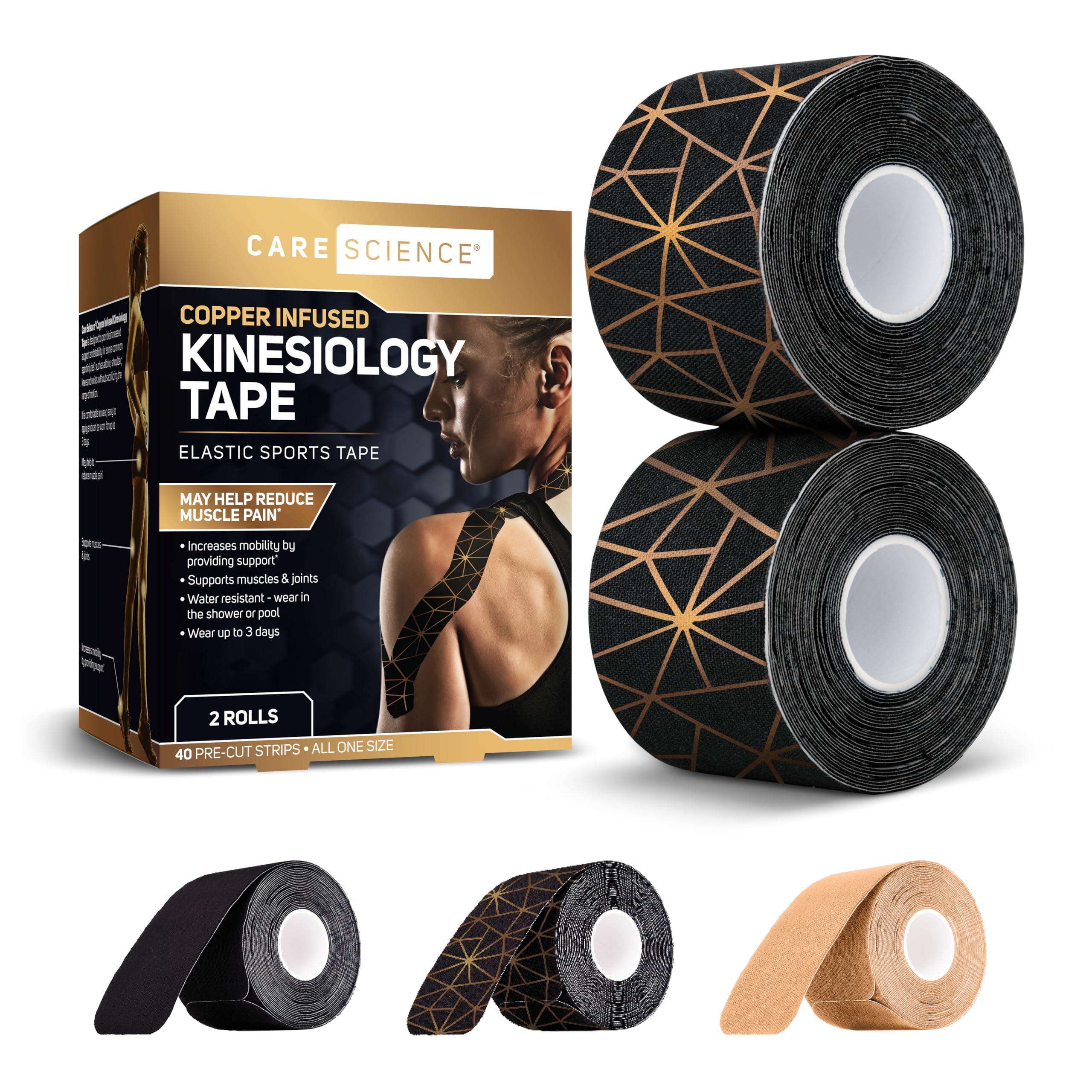 Care Science Wasserdichtes Kinesiologie-Tape, 40 vorgeschnittene Streifen (2 Rollen), mit Kupfer angereichert | Wasserabweisende Streifen, elastisches Sporttape für Sport & Gewichtheben, Muskelzerrung & Gelenkunterstützung