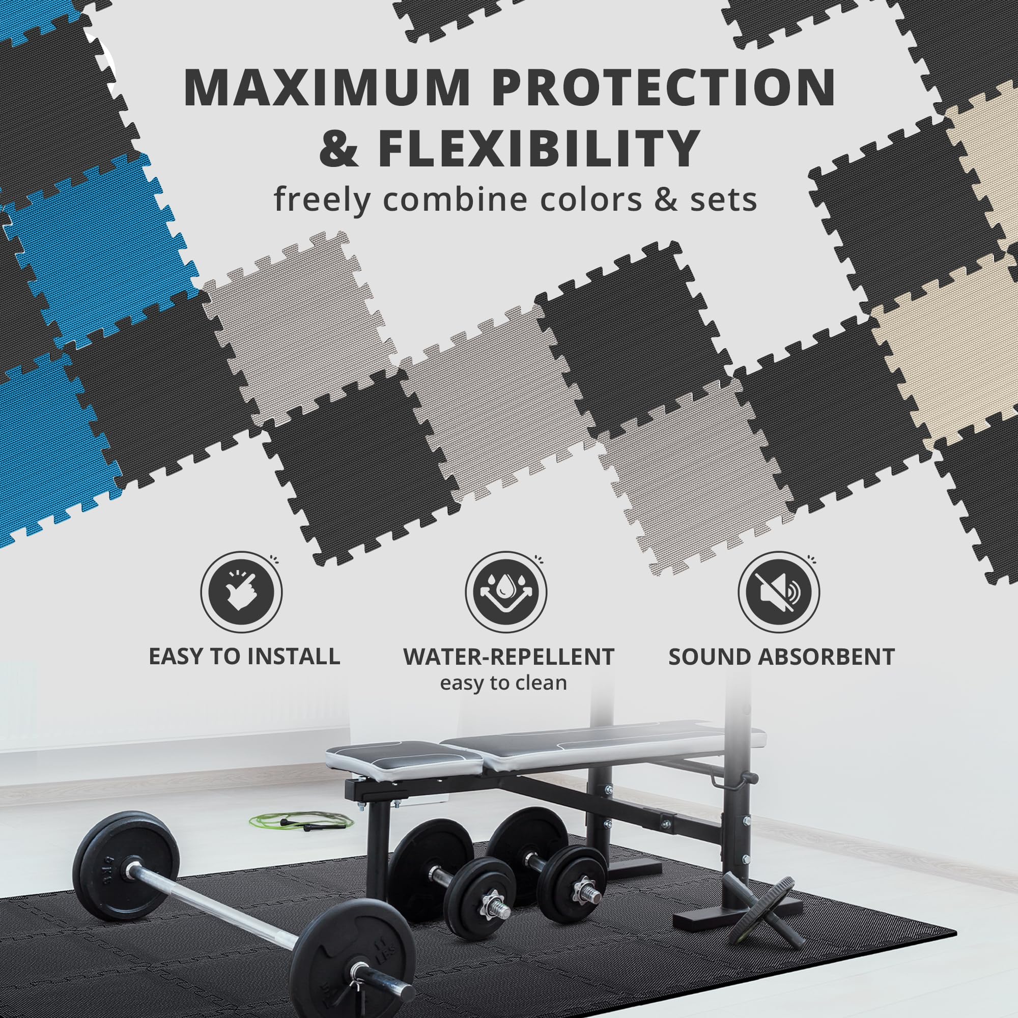 bemaxx Gym Mats Set - 18 pcs EVA Interlocking Foam Floor Tiles (12.6"x12.6"x0.4") 18sqft Protective Gym Flooring Sports Home Workout Exercise Mats Puzzle Garage Fitness Play-Room Garage Pool Treadmill