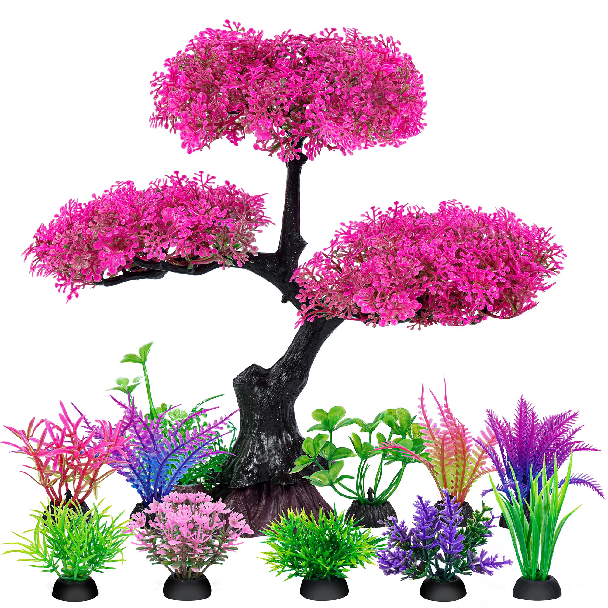 Ameliade Aquarium Artificial Plastic Plants Decoration, Pink Cherry Blossom Tree Aquarium Decor Set, Goldfish Betta Fish Tank Decorations Hides Accessories(Pink