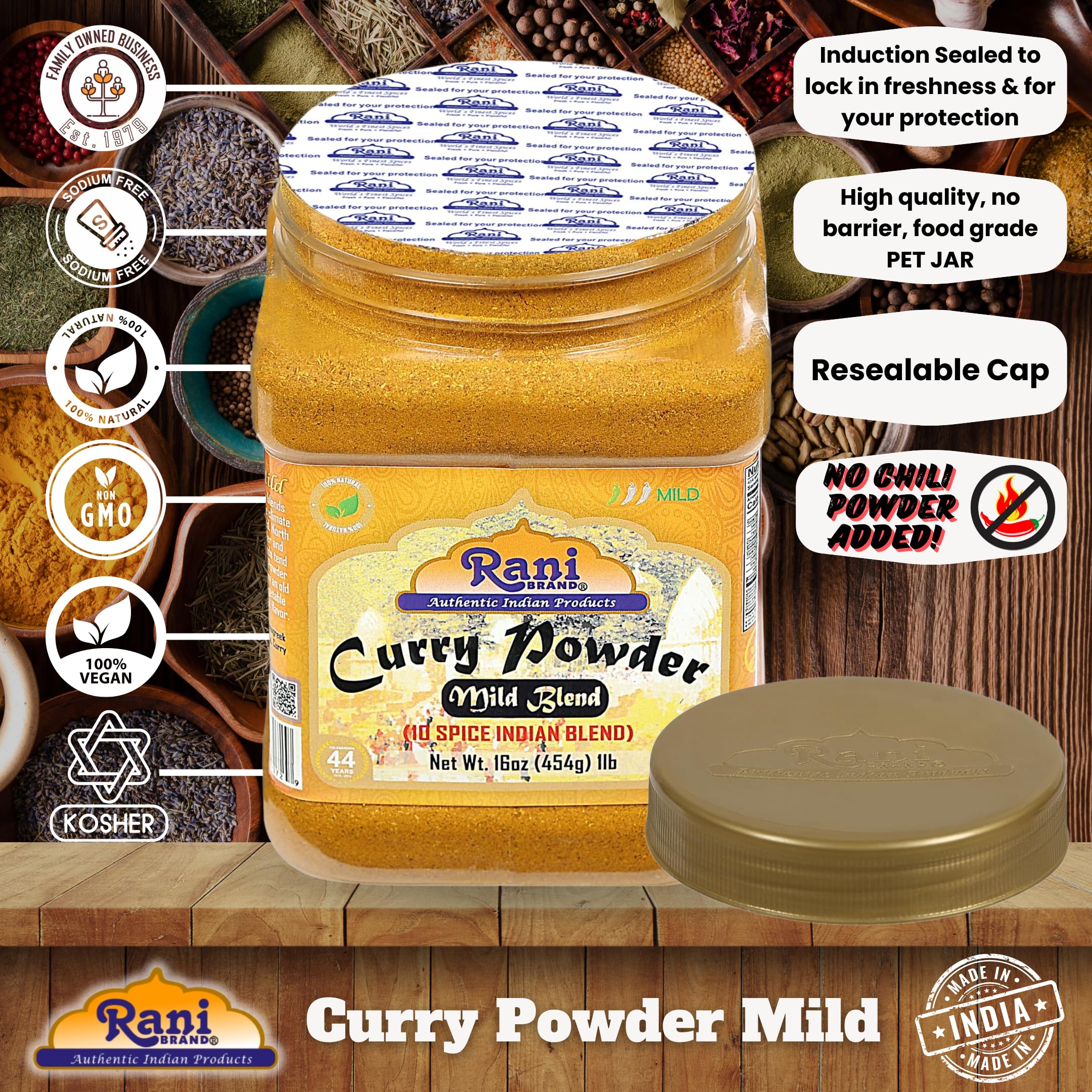 Rani Curry Powder Mild (10-Spice Authentic Indian Blend) 1lb (454g) PET Jar ~ All Natural | Salt-Free | NO Chili or Peppers | Vegan | No Colors | Gluten Friendly | NON-GMO | Kosher | Indian Origin
