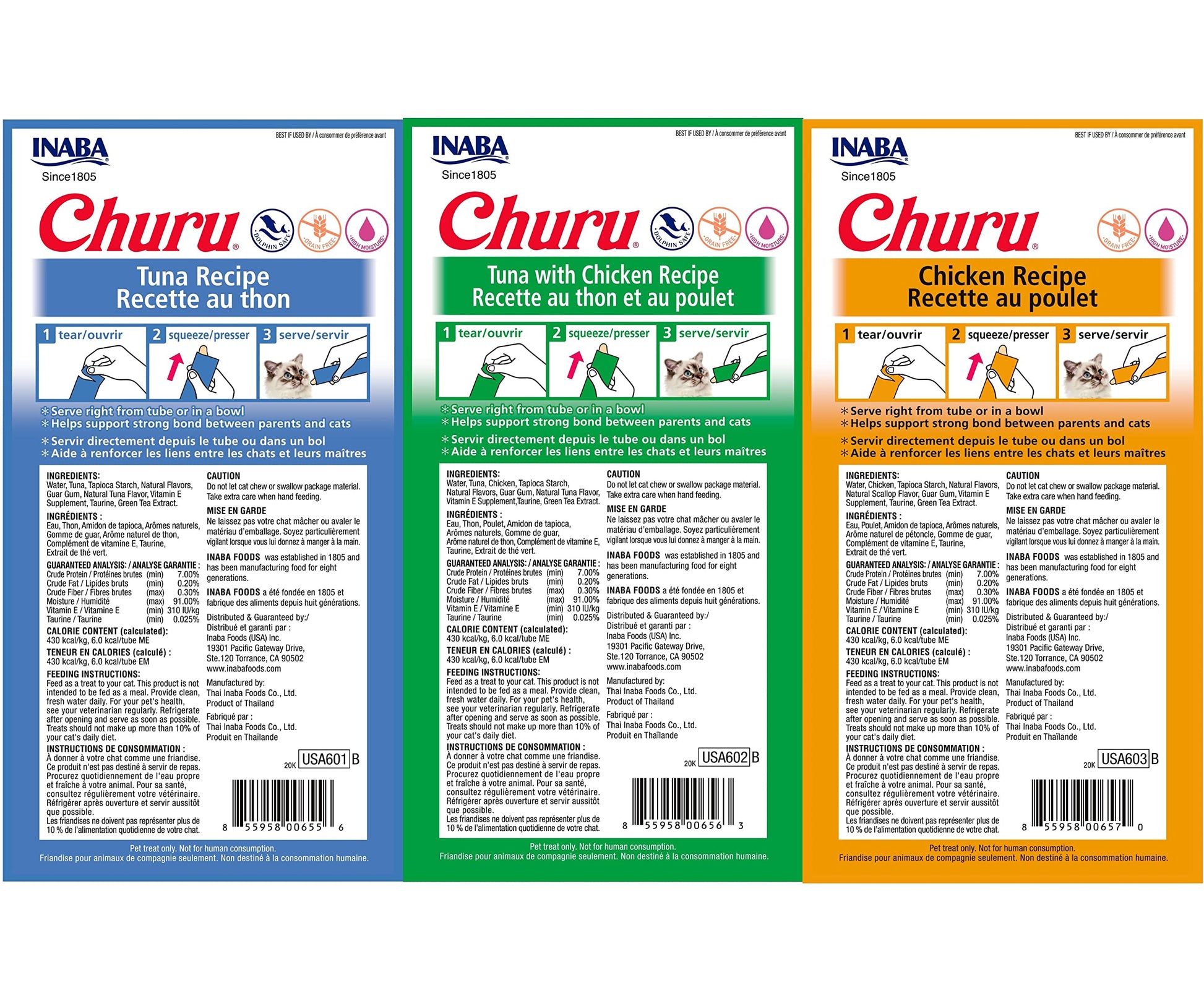 INABA Churu Lickable Purée Natural Cat Treats Tuna & Chicken 3 Flavor Assortment of 12 Tubes