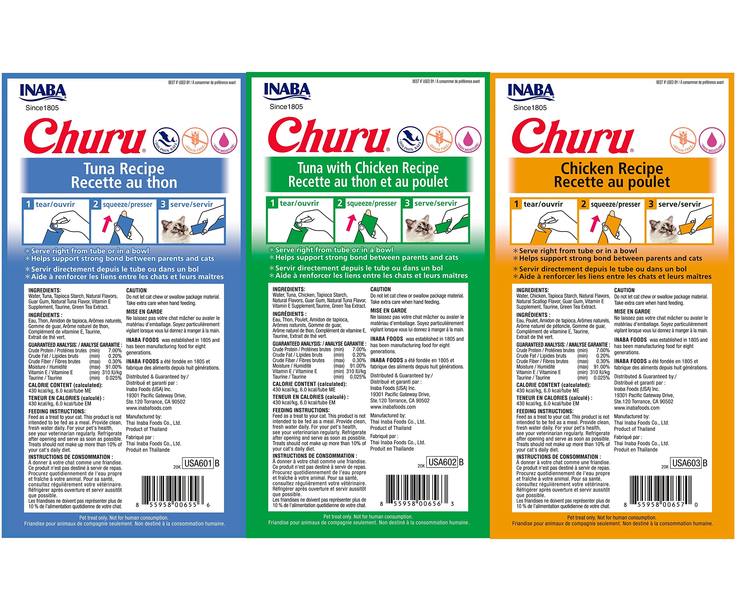 INABA Churu Lickable Purée Natural Cat Treats Tuna & Chicken 3 Flavor Assortment of 12 Tubes