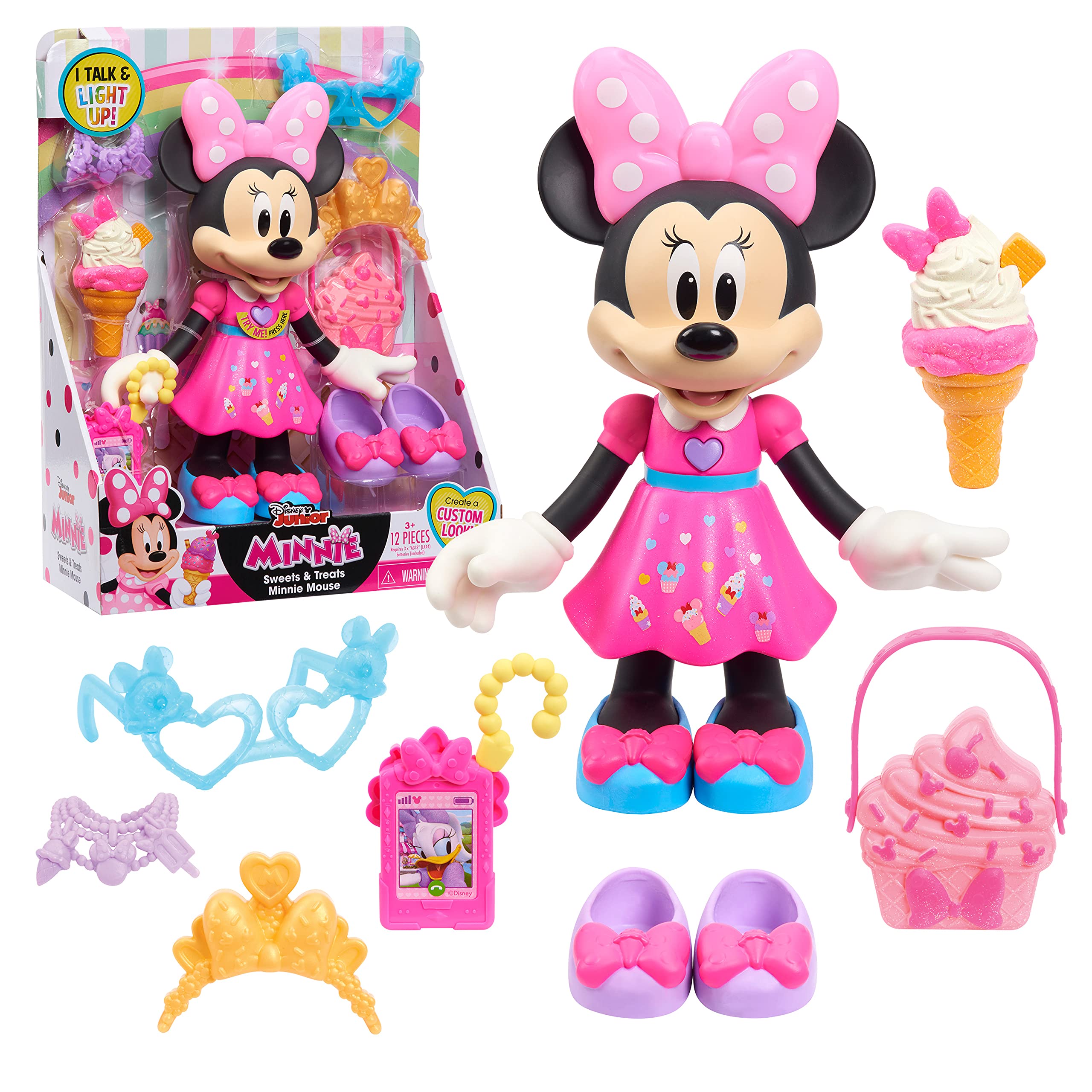 Disney Junior Sweets & Treats Minnie Mouse, Interactive 10-Inch Doll with Lights, Sounds, and Accessories, Kids Toys for Ages 3 Up, Exclusive by Just Play