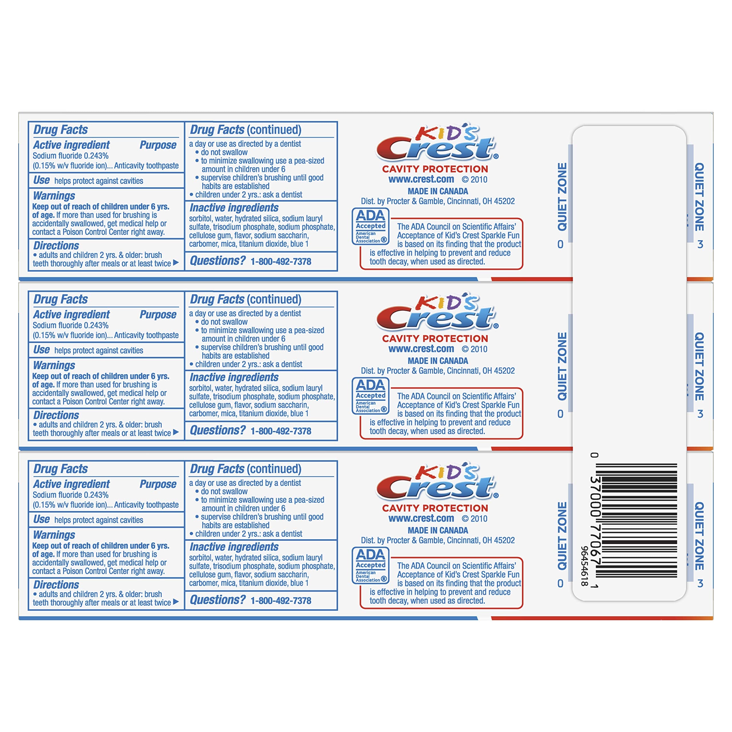 Crest Kid's Cavity Protection Toothpaste, Crest Kids Toothpaste, For Children And Toddlers 2+, Sparkle Fun, 4.6 Oz (Pack of 3), Toothpaste For Kids, Packaging may vary