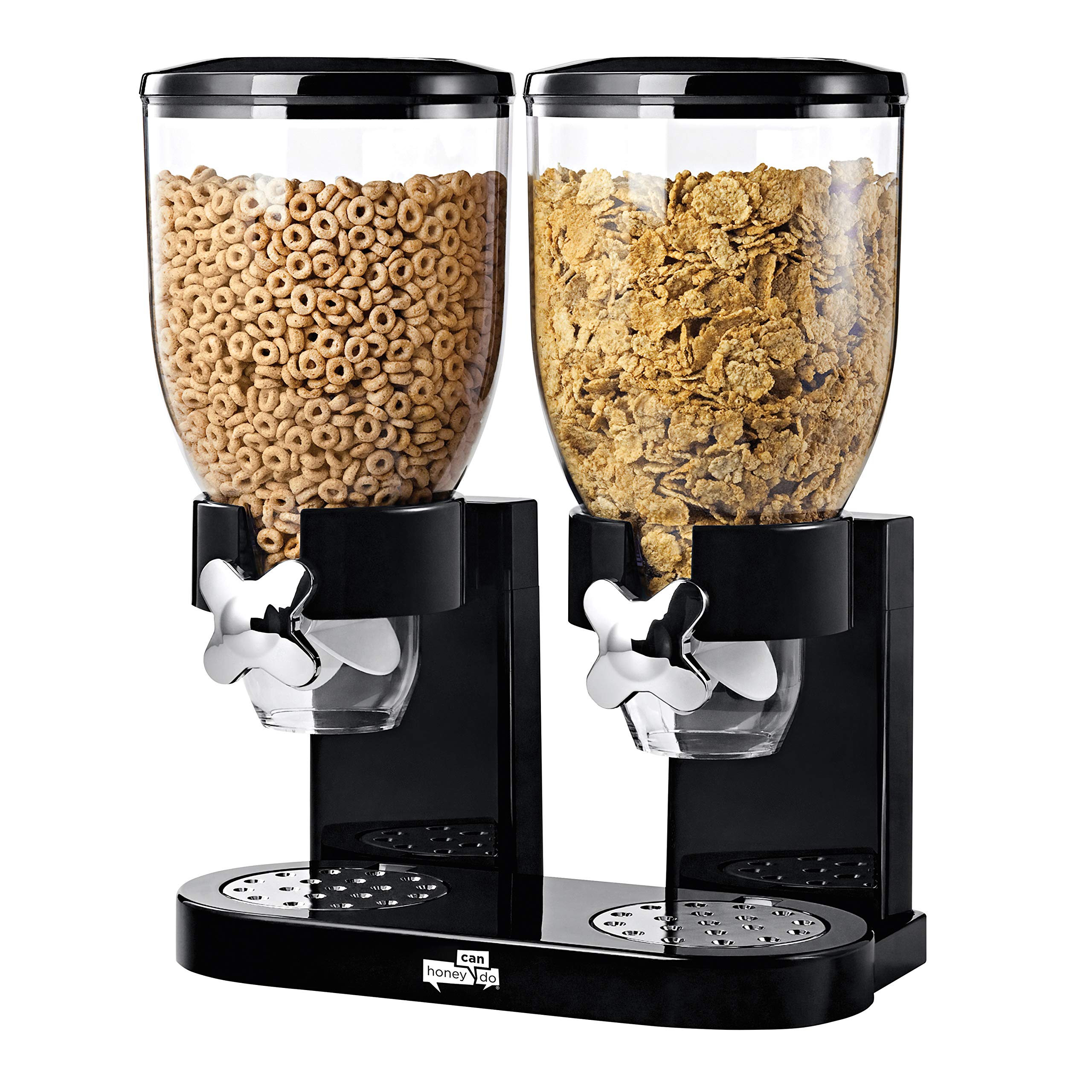 Honey-Can-Do Zevro Essential Dual-Control Dry Food Dispenser – Effortless & Organized Storage for Cereal, Dog Food, or Snack Dispenser for All Kinds of Treats, 17.5 oz Each Capacity, Black/Chrome