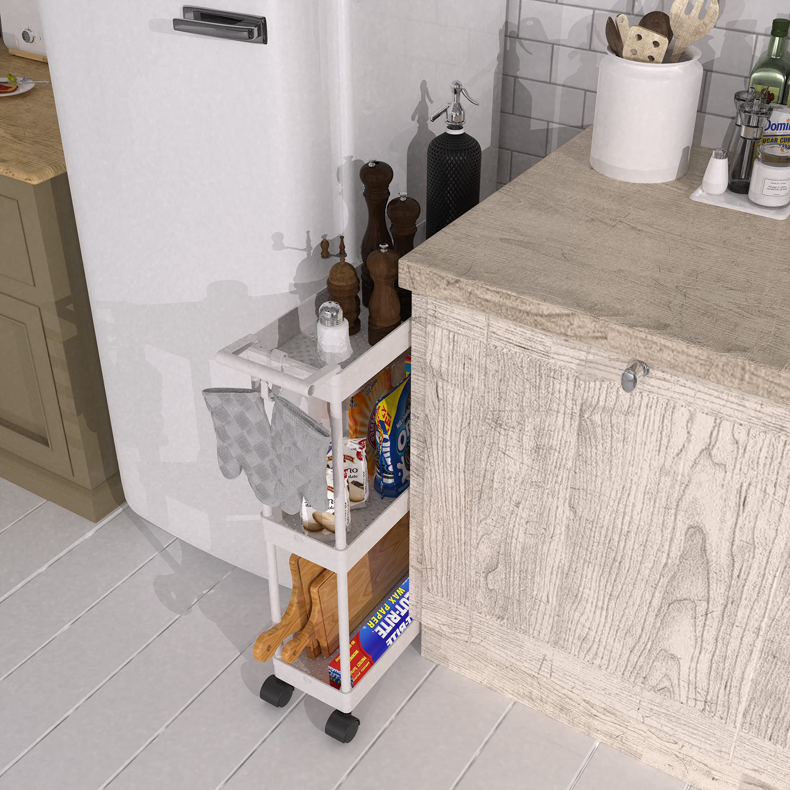Simple Houseware 3-Tier Slim/Narrow Storage Cart with Handle, 5.5'' Wide x 26.5'' Height Rolling Organizer for Kitchen, Bathroom, Laundry Room - White