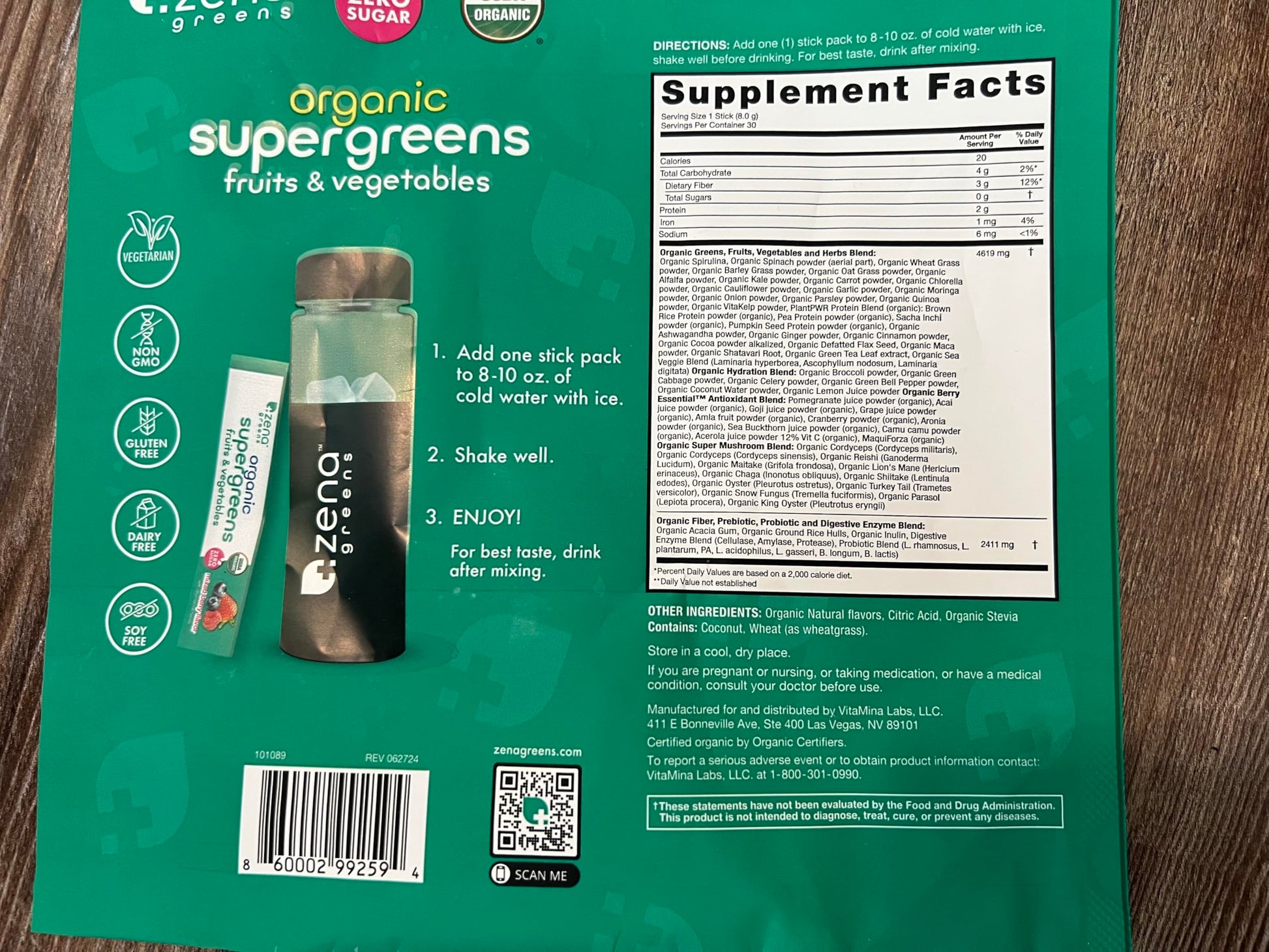 Zena Nutrition Organic Super Greens Powder, 70+ Superfoods, 0 Sugar, 3G Fiber, Spirulina, Chlorella, Antioxidants, Prebiotics/Probiotics, Digestive Enzymes, Mixed Berry, 30 Drink Mix Packets