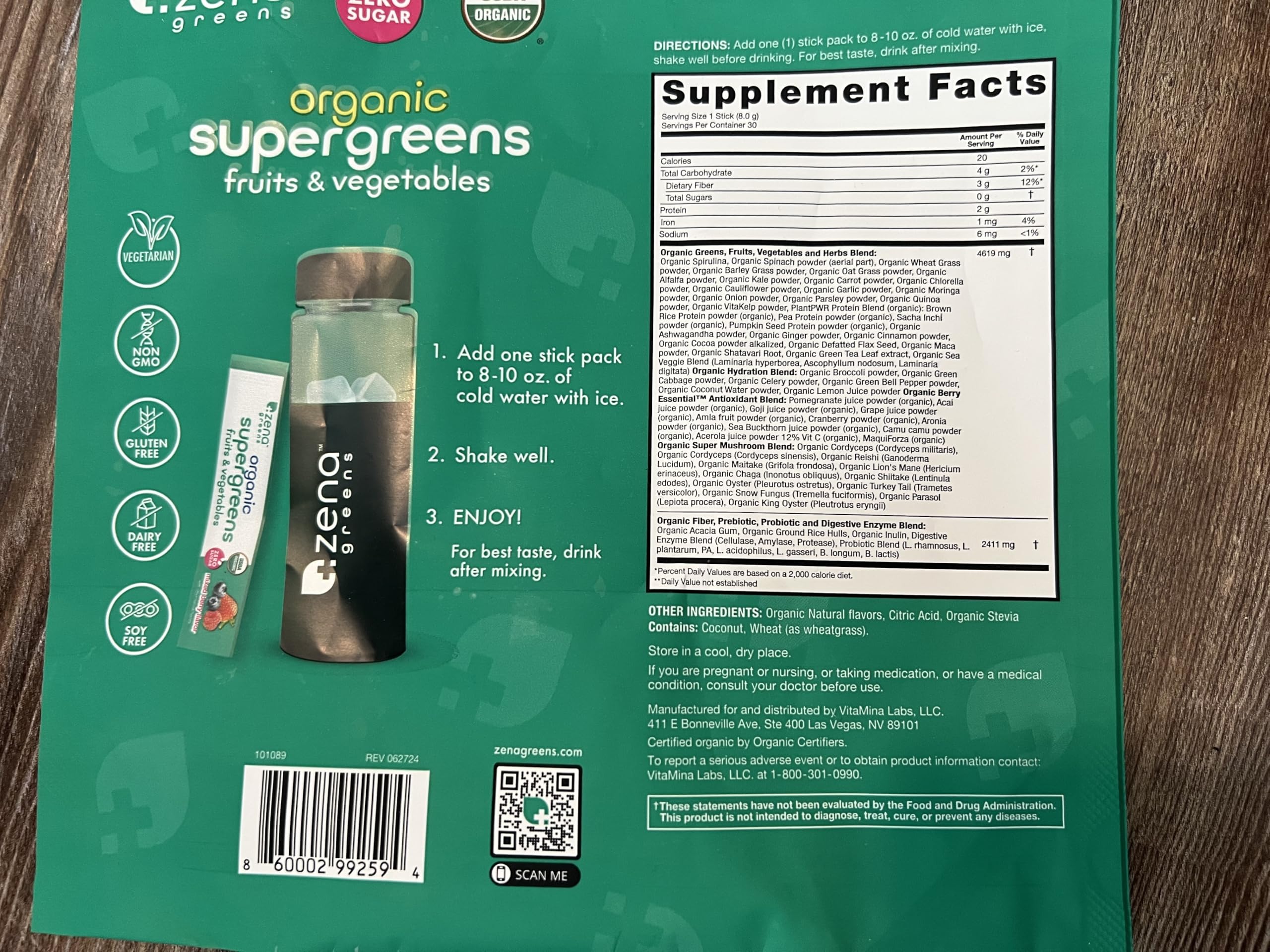 Zena Nutrition Organic Super Greens Powder, 70+ Superfoods, 0 Sugar, 3G Fiber, Spirulina, Chlorella, Antioxidants, Prebiotics/Probiotics, Digestive Enzymes, Mixed Berry, 30 Drink Mix Packets