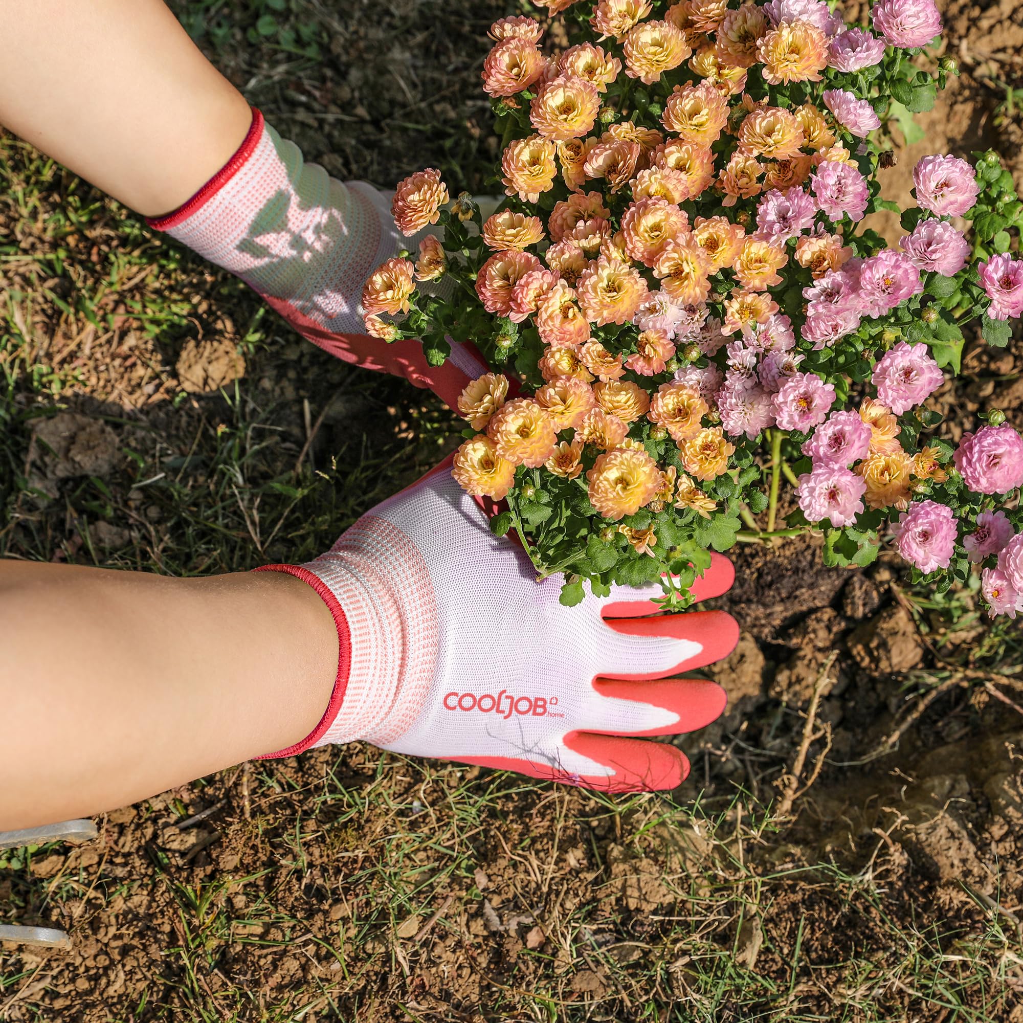 COOLJOB 2 Pairs Gardening Gloves for Women Ladies, Breathable Rubber Coated for Yard Garden, Outdoor Indoor Protective Work with Grip, Medium Size, Red & Green