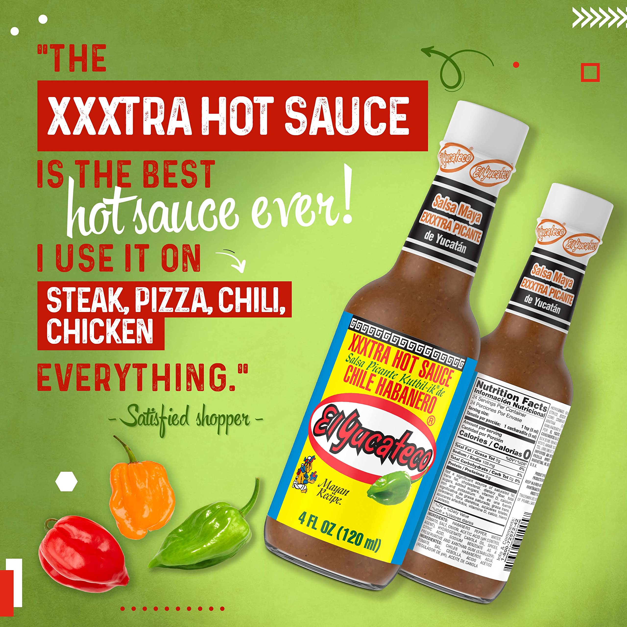 El Yucateco XXXtra Hot Habanero Sauce, 4 oz., 6 Pack,11,250 Average Scoville Units, Gluten Free, Sugar Free