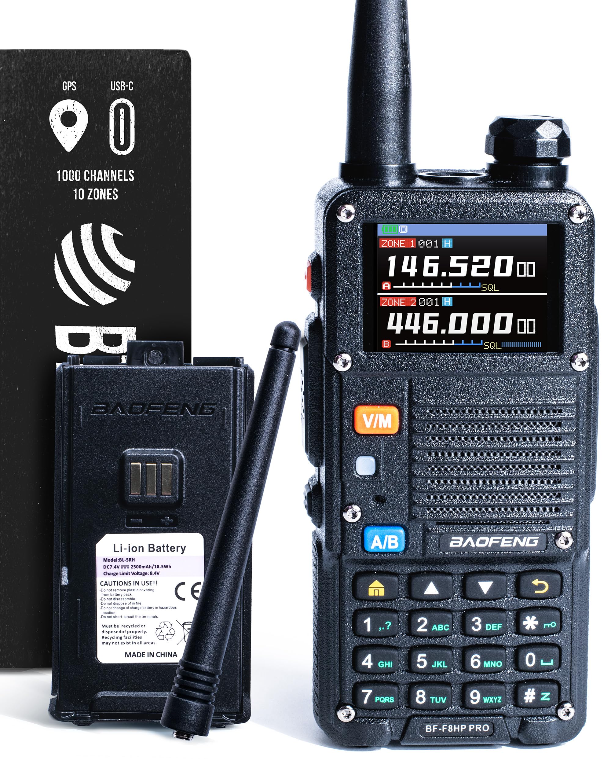 BAOFENG BF-F8HP PRO 10 W Tri-Band Two-Way Radio - UV-5R 7th Gen, 1000 Channels, GPS & NOAA Weather, Aviation/VHF/UHF/1.25 m Scanner, IP54 Rugged, USB-C Rechargeable Battery