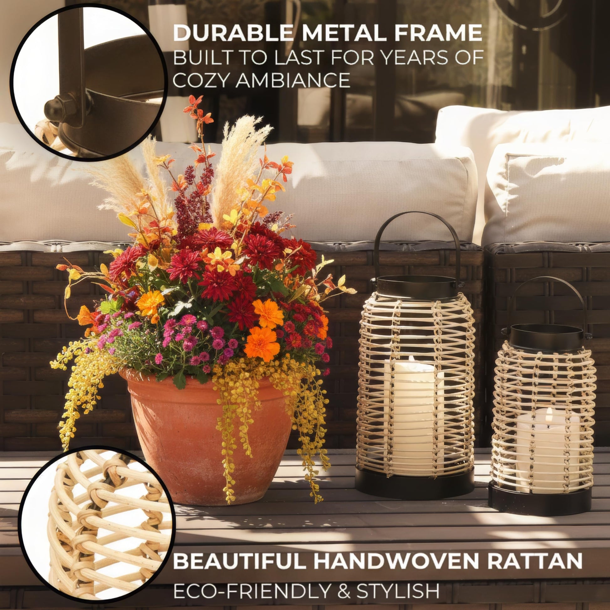 Natural Rattan Boho Lanterns - Handcrafted Decor to Enhance Your Home - Modern Farmhouse Beauty Perfect for Any Living Room, Patio & Porch, Indoor and Outdoor Coffee Table or Kitchen Dining Table