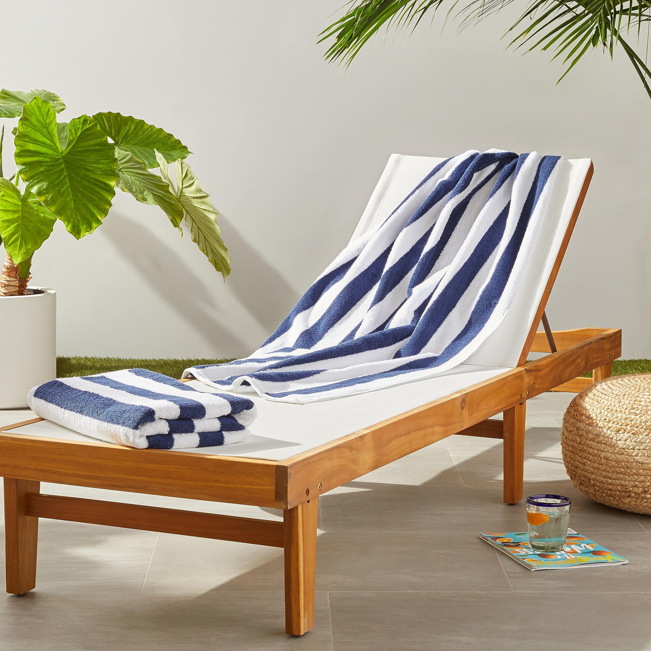 Basics 100% Cotton Terry Absorbent Cabana Stripe Pool & Beach Towels, Soft, Large, and Thick, 2-Pack, Navy Blue, 30 in x 60 in