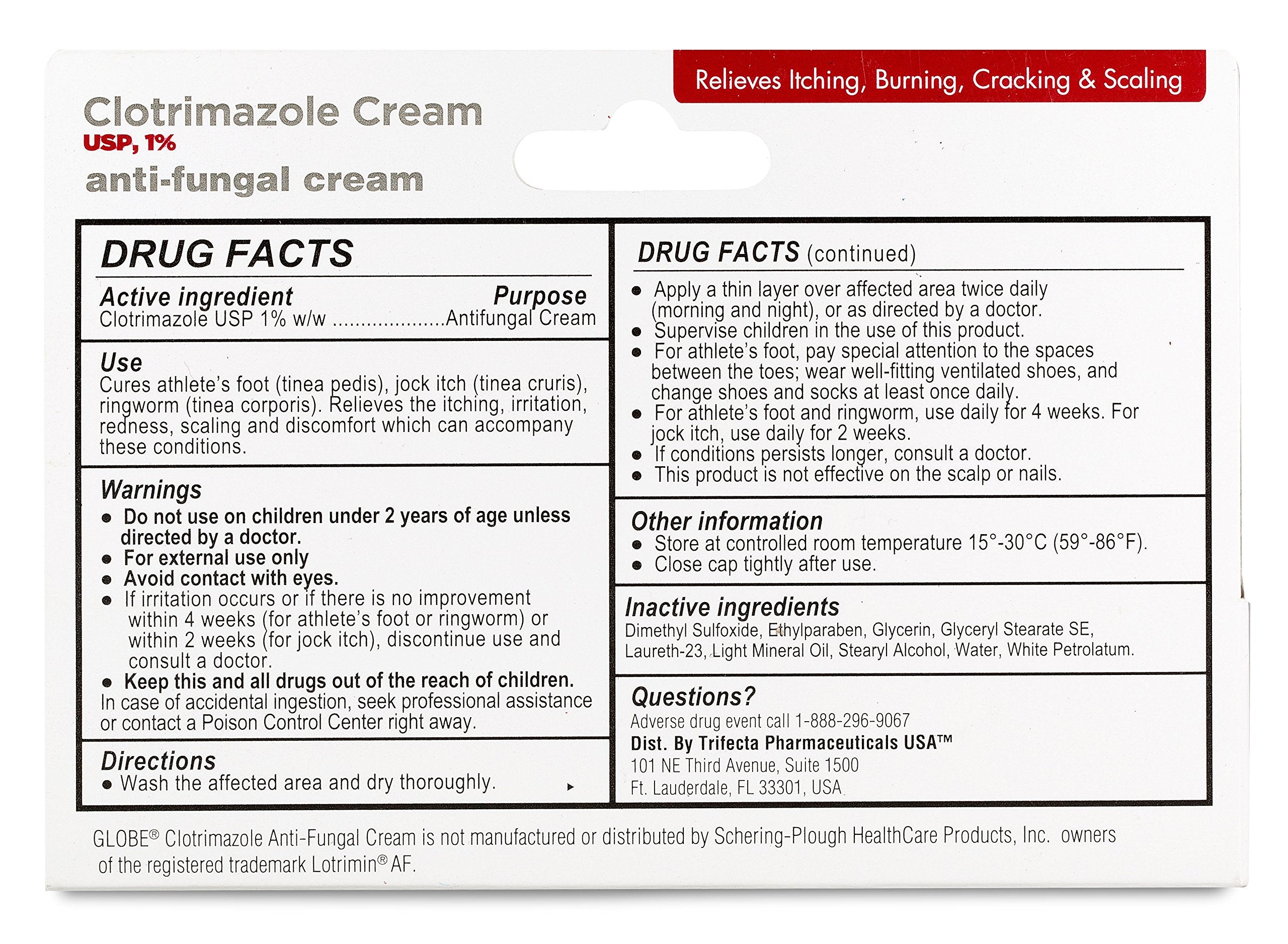 Globe Clotrimazole Antifungal Cream 1% USP (1 oz), Anti Fungal Treatment, Relieves Itching, Burning, Cracking and Scaling Associated Athletes Foot, Jock Itch, Ringworm and More