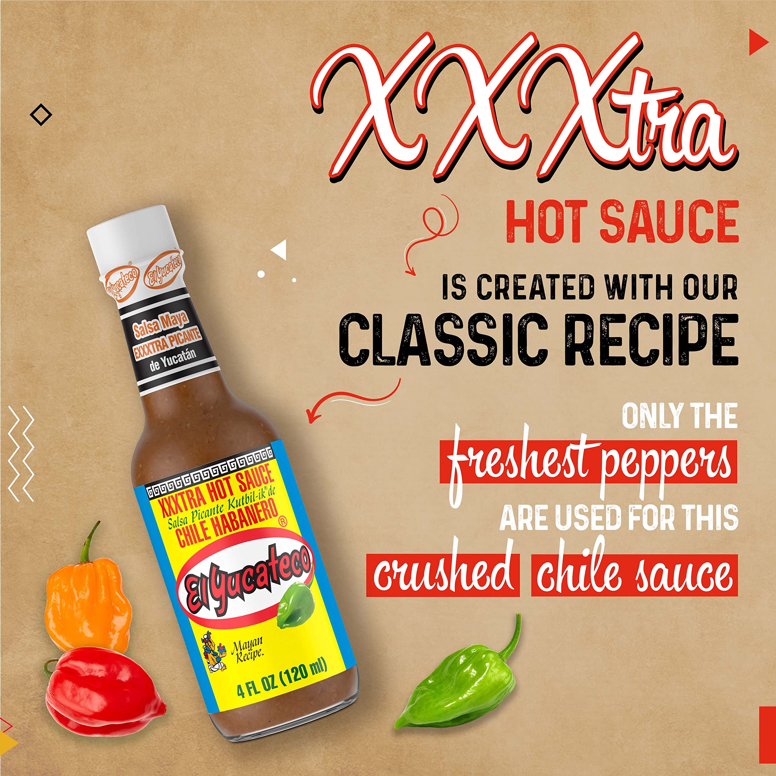 El Yucateco XXXtra Hot Habanero Sauce, 4 oz., 6 Pack,11,250 Average Scoville Units, Gluten Free, Sugar Free