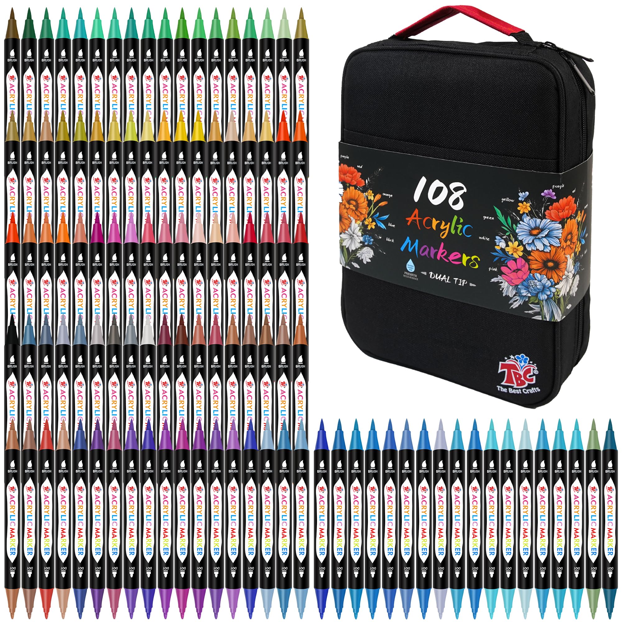 TBC The Best Crafts 108 Colors Dual Tip Acrylic Paint Markers, Double zipper design Topgrade Canvas bag,Waterproof, Non-Toxic, odorless, Suitable for Paper,Pottery, Stones, Glass,outdoor painting
