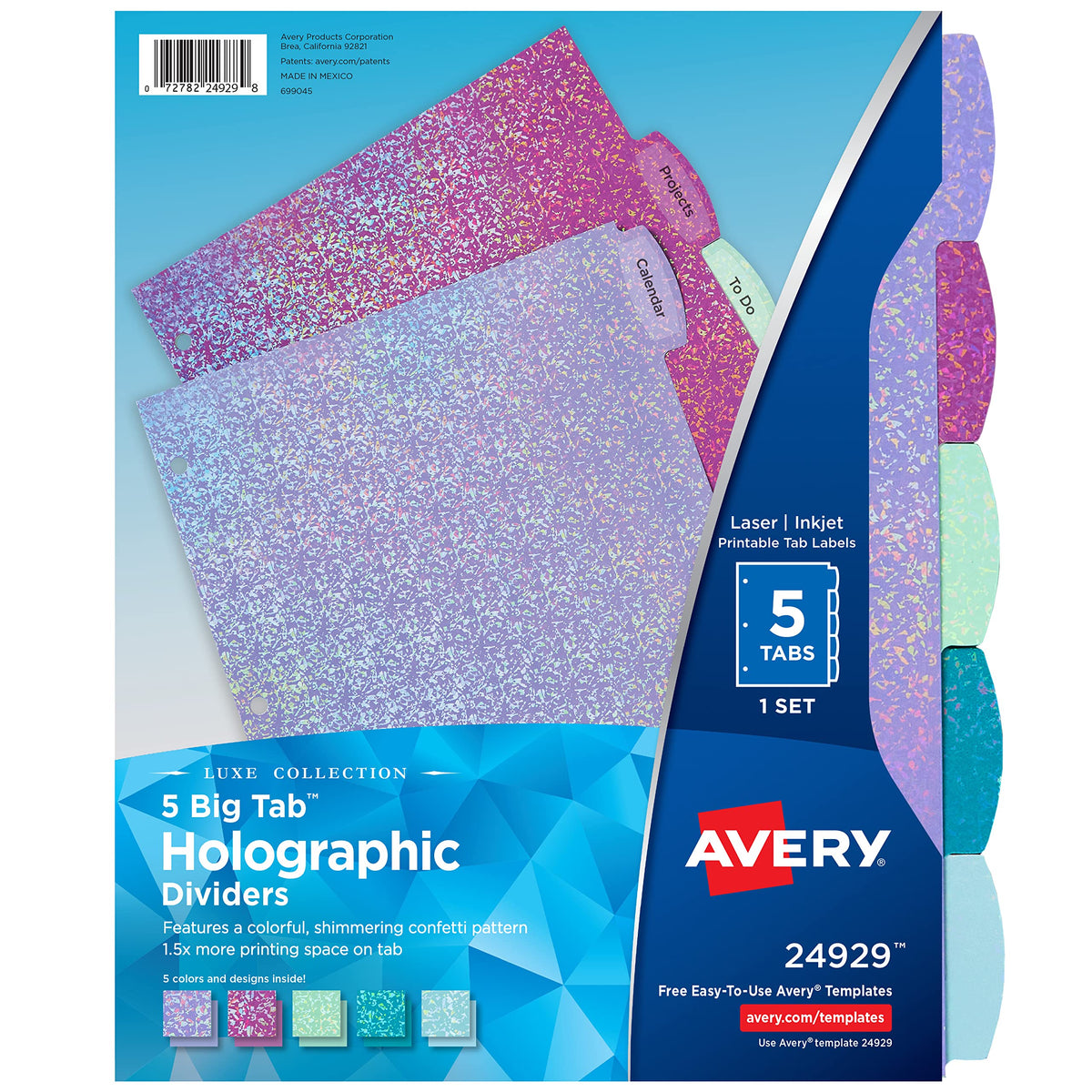 Avery Luxe Collection Holographic Big Tab Fashion Dividers for 3 Ring Binders, 5 Tab Set, Confetti Pattern, 1 Set (24929)