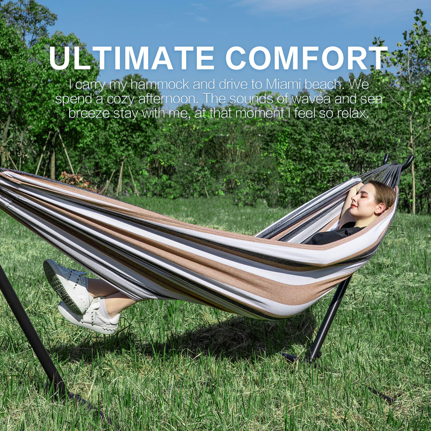 PNAEUT Double Hammocks with Stand for Outside, Portable Space Saving Heavy-Duty Steel Stand for Indoor Outdoor Patio with Carrying Bag, 450 lbs Capacity (Coffee)