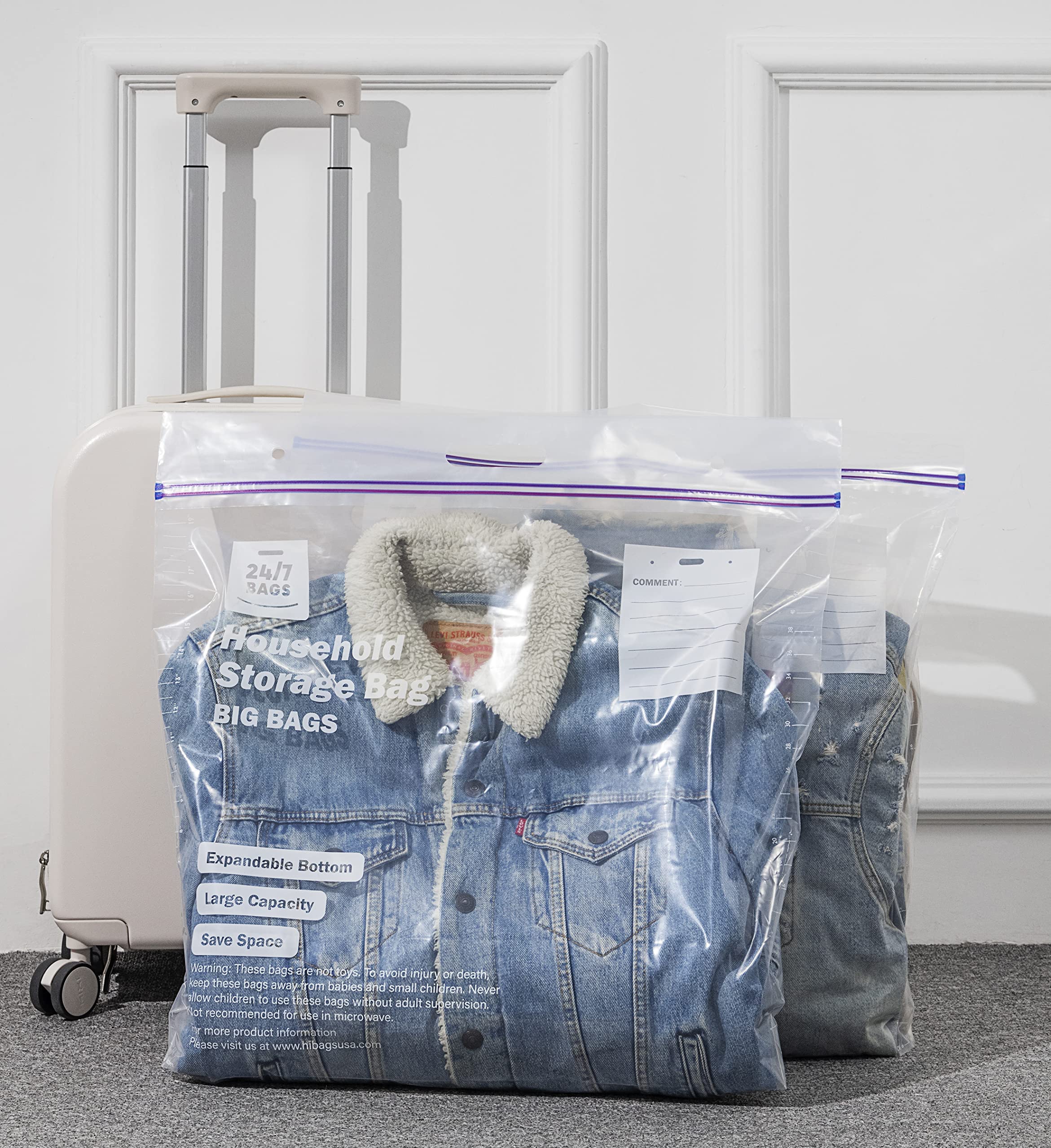 15 XX-Large Plastic Storage Bags, 10 Gallons, Zero BPA, Double Zipper Seal, 3 Mils Thick, Double Layer Carry Handle, 24"x20"x7", Moving, Seasonal, Travel