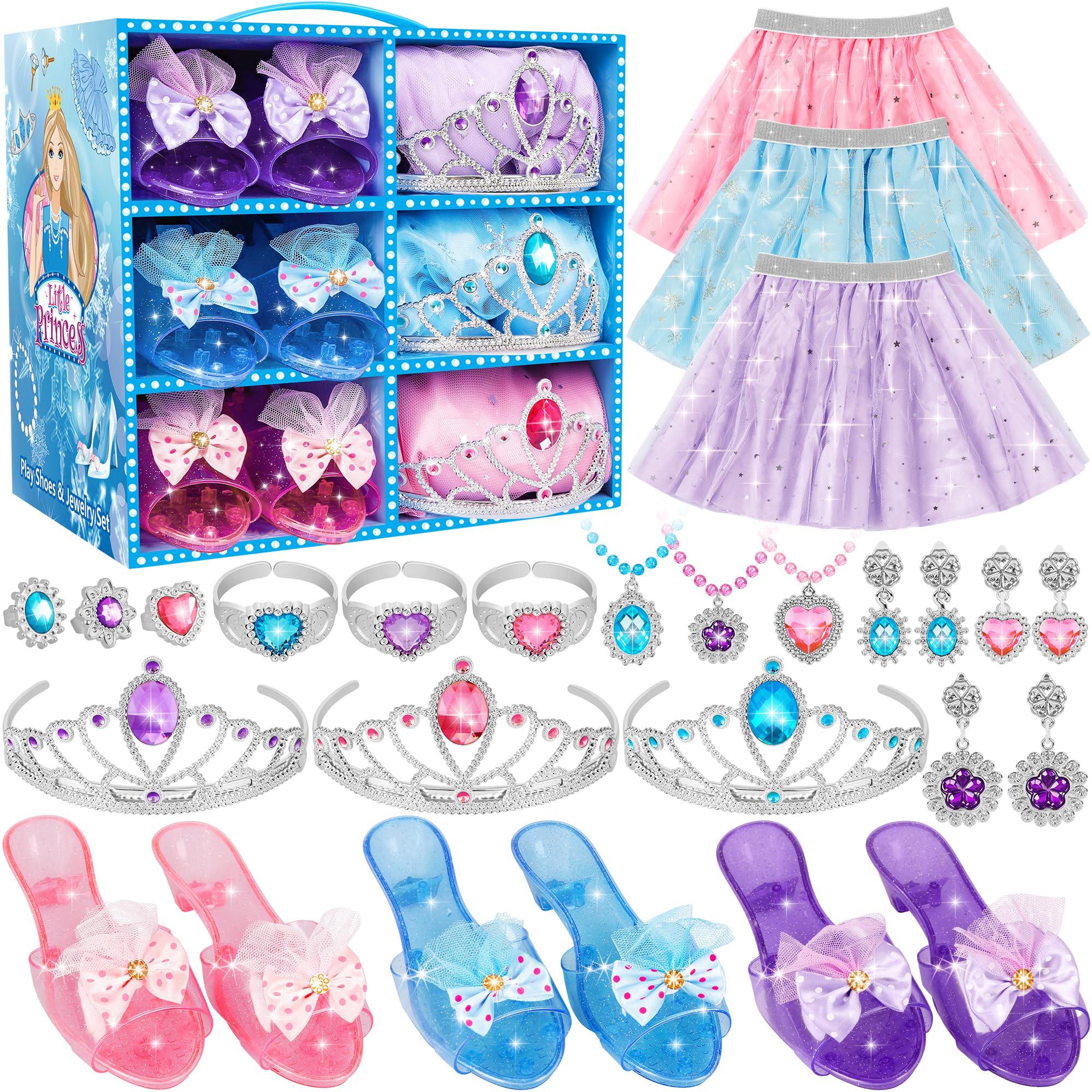 LJZJ Princess Dress Up Toys & Jewelry Boutique, Costumes Set incl Color Skirts, Shoes, Crowns, Accessories, Girls Role Play Gift for 3 4 5 6 Year old Girl Toddler B-day Party Favors