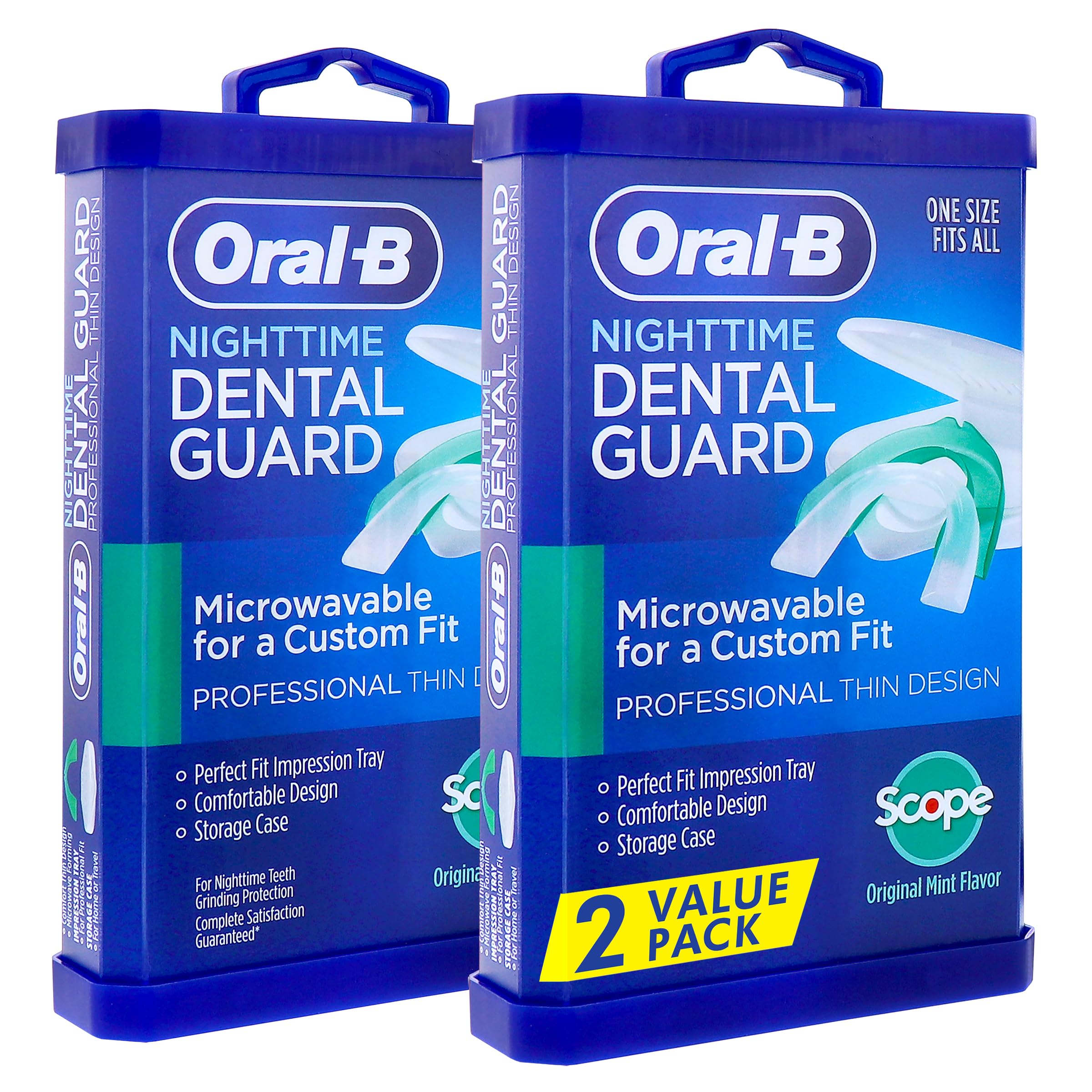 Oral-B Mouth Guard for Grinding Teeth at Night - Nighttime Dental Guard for Sleeping - Moldible Night Guard with Scope Mint Flavor - Less Than 3-Minutes for Custom Teeth Protection - 2 Pack