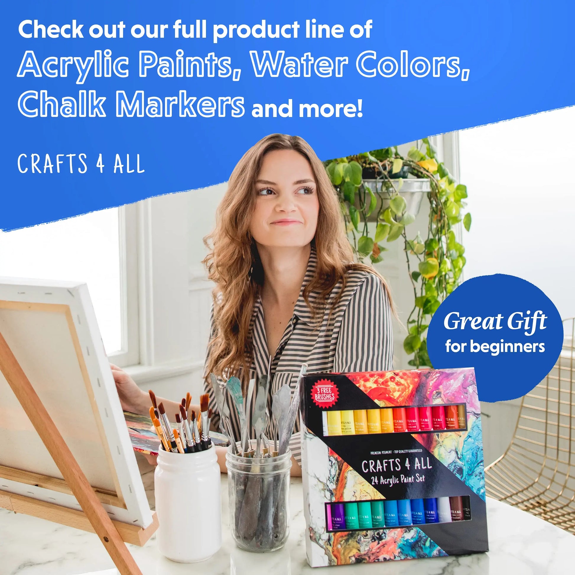 Acrylic Paint Set for Adults and Kids - 24 Pack of 12mL Paints with 3 Art Brushes, Non-Toxic Craft Paint for Easter Eggs, Ceramic Rock Paint - Art Supplies