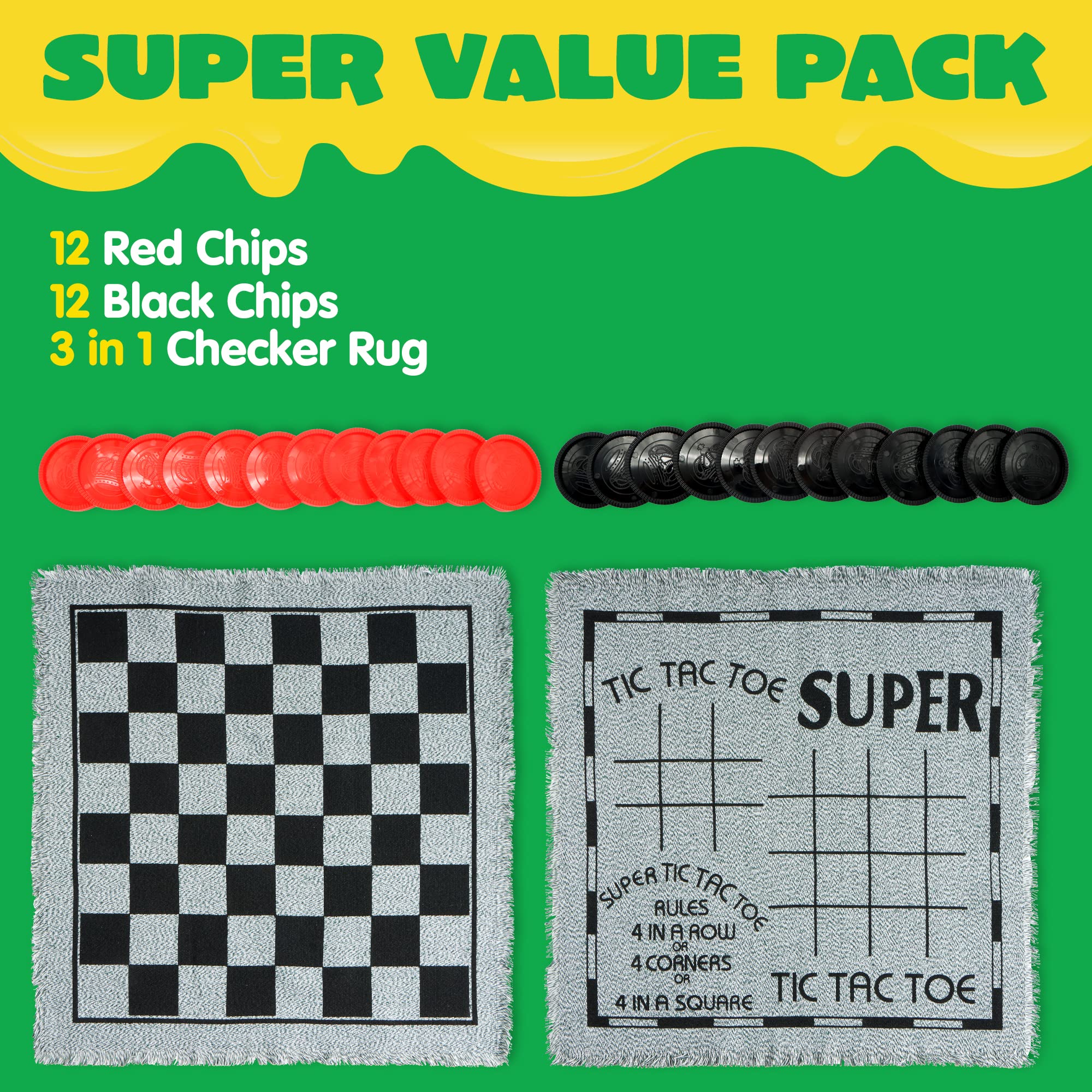 3-in-1 Vintage Giant Checkers, Tic, Tac, Toe, with Reversible Mat, 24 Chips, Family Board Game, Lawn Game, BBQ Party Favor, Indoor and Outdoor Activity for Kids and Adults