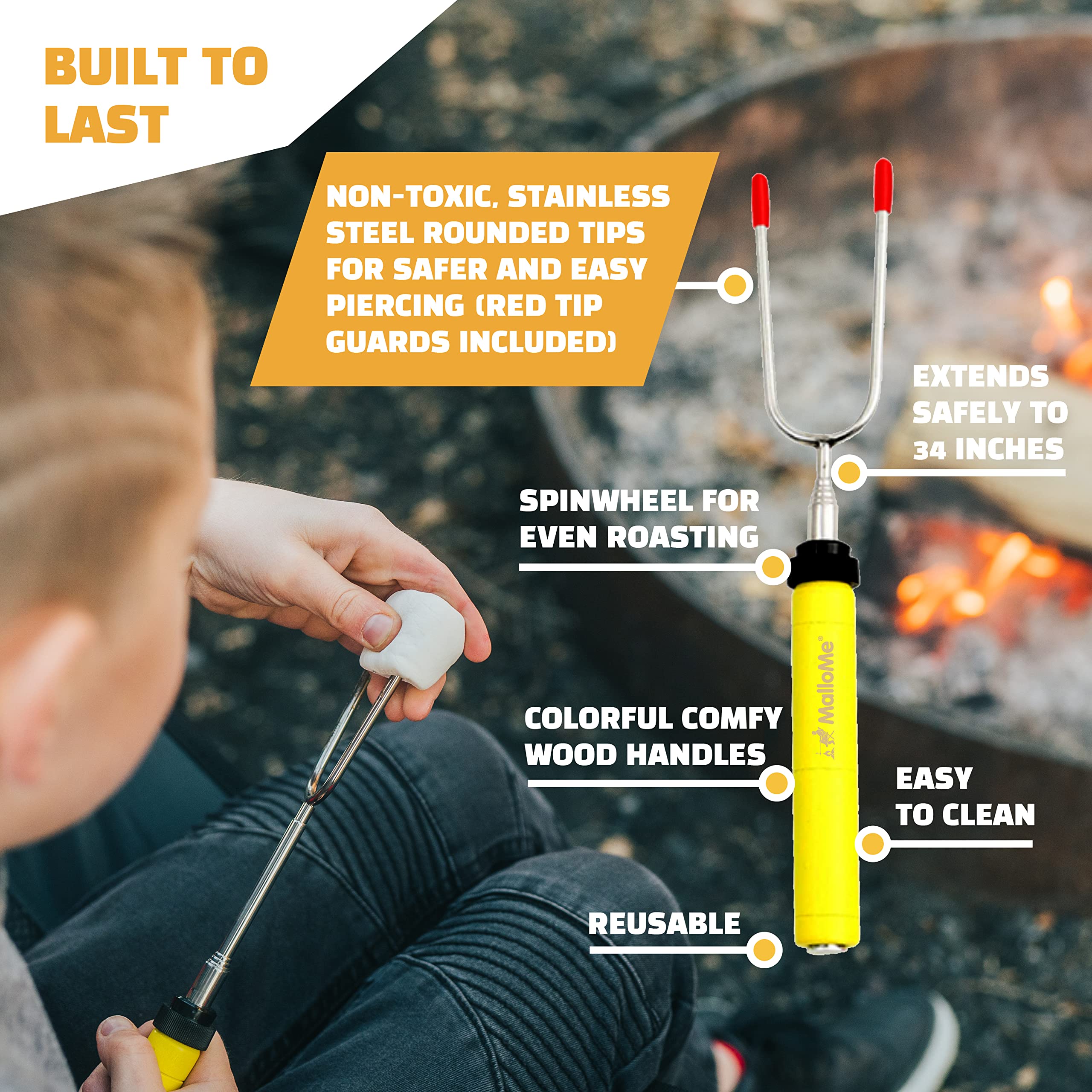 MalloMe Smores Sticks for Fire Pit - Premium 34 inch Marshmallow Roasting Sticks Smores Kit Outdoor -Accessories for Campfire- Smore Skewers Hot Dog Fork, Camping Essentials Bonfire Gear Long (6 Pack)