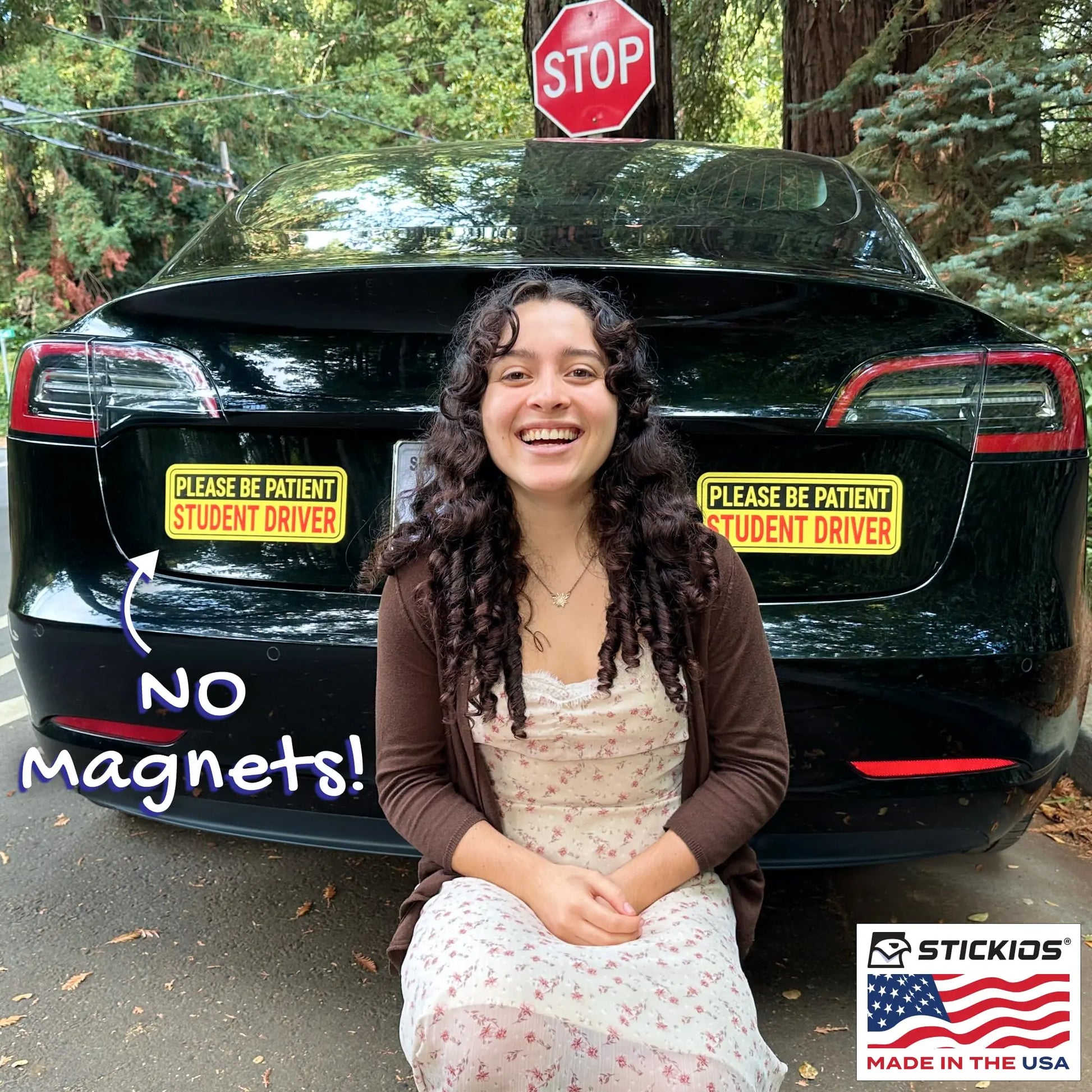 Stickios Non-Magnetic Student Driver Stickers - Removable Vinyl Decal Signs for Cars & Windows - Made in USA (10x4 inches, 2-Pack)