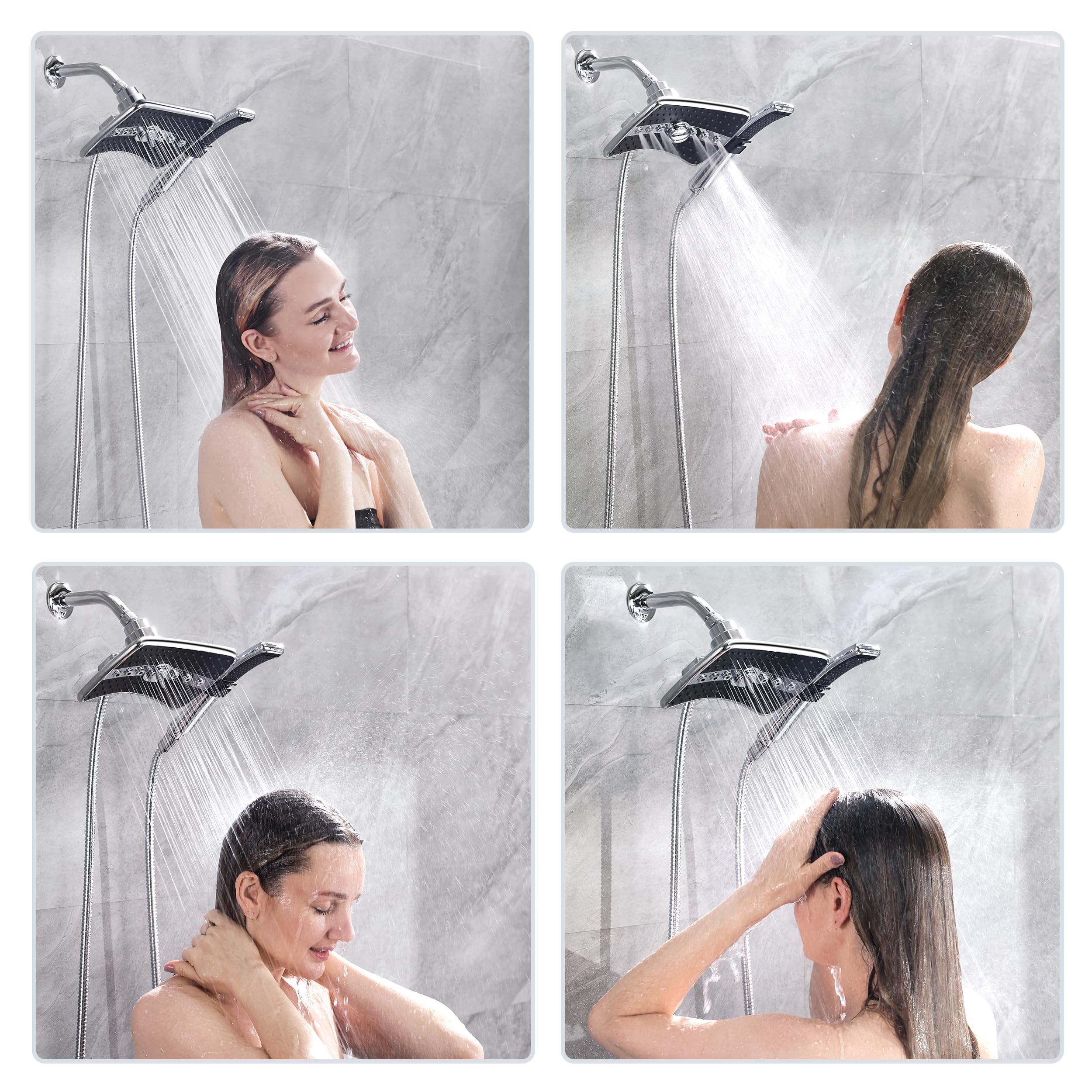 BRIGHT SHOWERS High Pressure Dual Shower Head Combo, Handheld Showerhead Rainfall Shower Head Combo with Black Face, 60 Inch Long Stainless Steel Shower Hose, Chrome