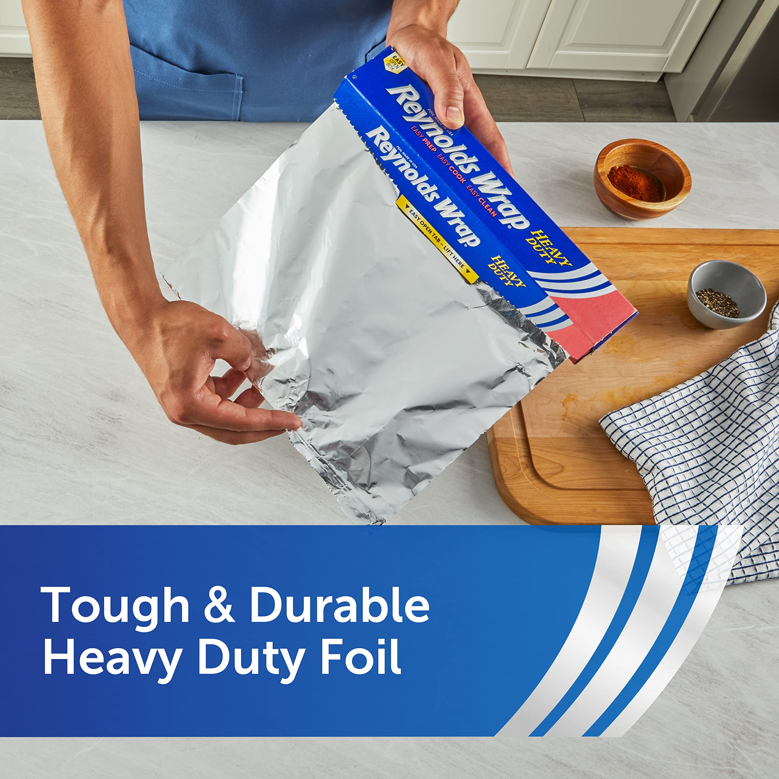 Reynolds Wrap Heavy Duty Aluminum Foil Roll, Thick Heavy Duty Foil for Added Strength and Durability, Secure Easy Open and Close Tab, 12 Inches Wide, 130 Sq. Ft.