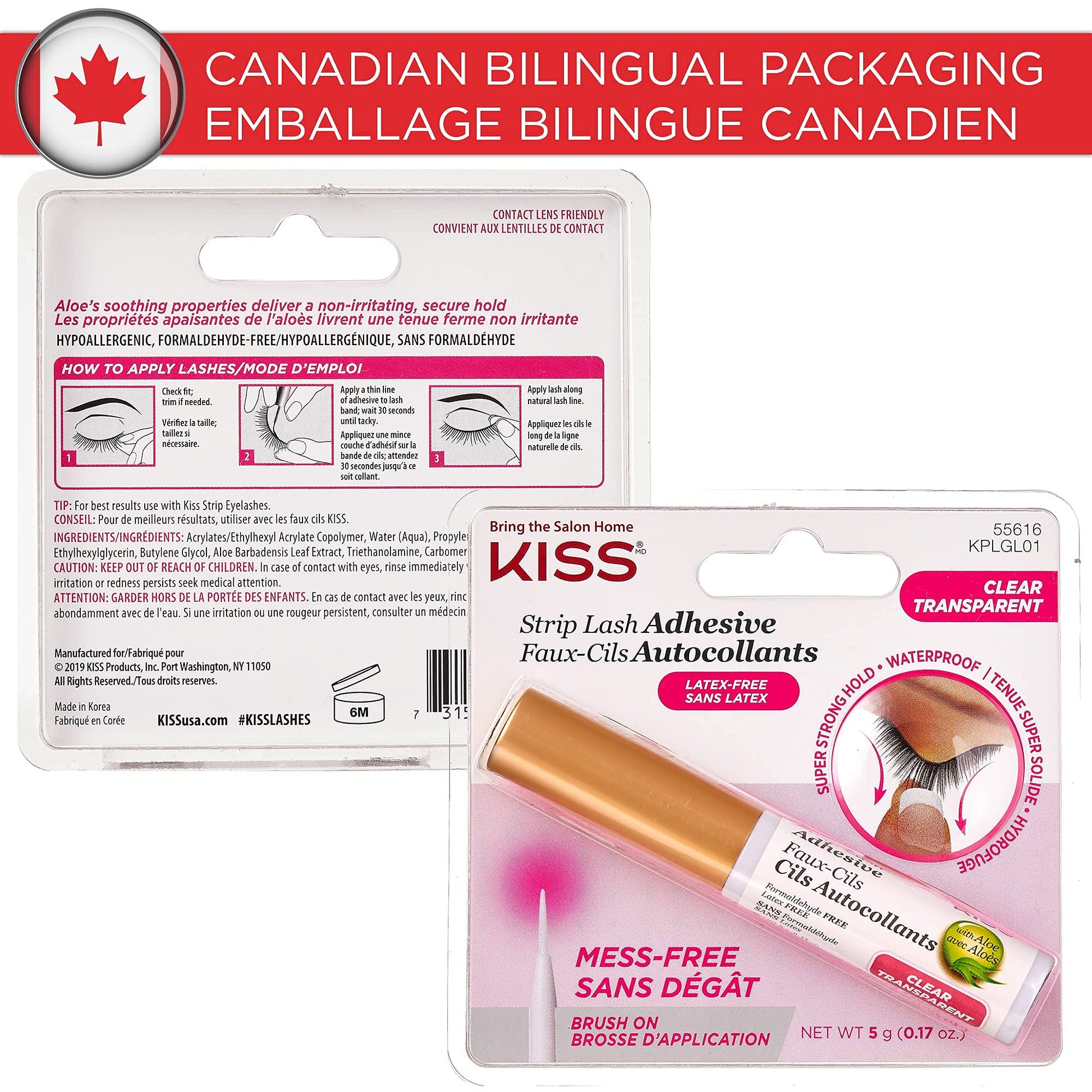 KISS Strip Lash Adhesive, Lash Glue, 24hr Strip Eyelash Adhesive, Clear, Includes Lash Adhesive, Long Lasting Wear, Can Be Used with Strip Lashes and Lash Clusters