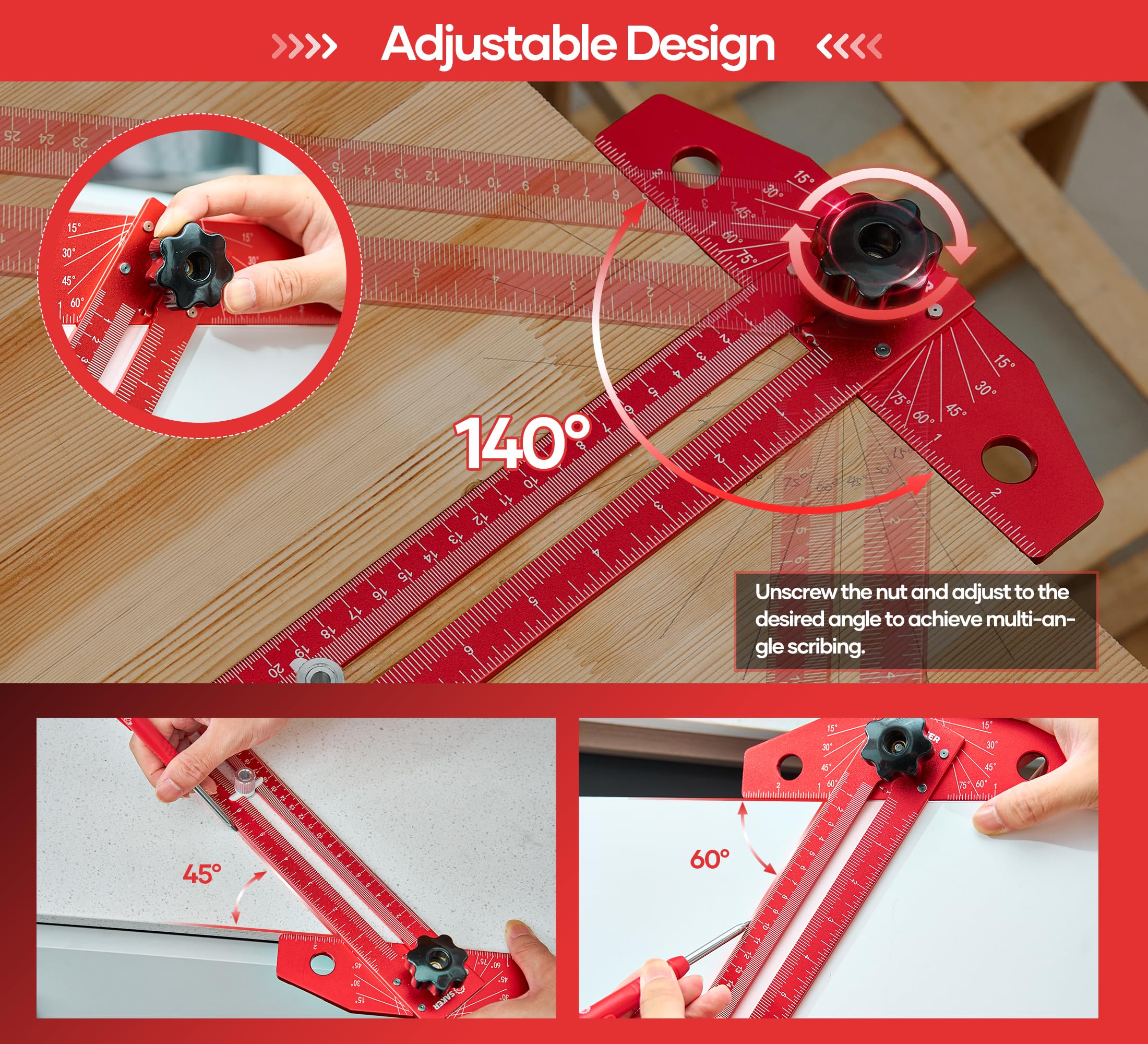 Saker Woodworking Scriber Marking Line Ruler, Adjustable Aluminum Alloy Sliding T-Square Ruler,Precision Line Drawing aid Ruler with Angle Adjustment Scale