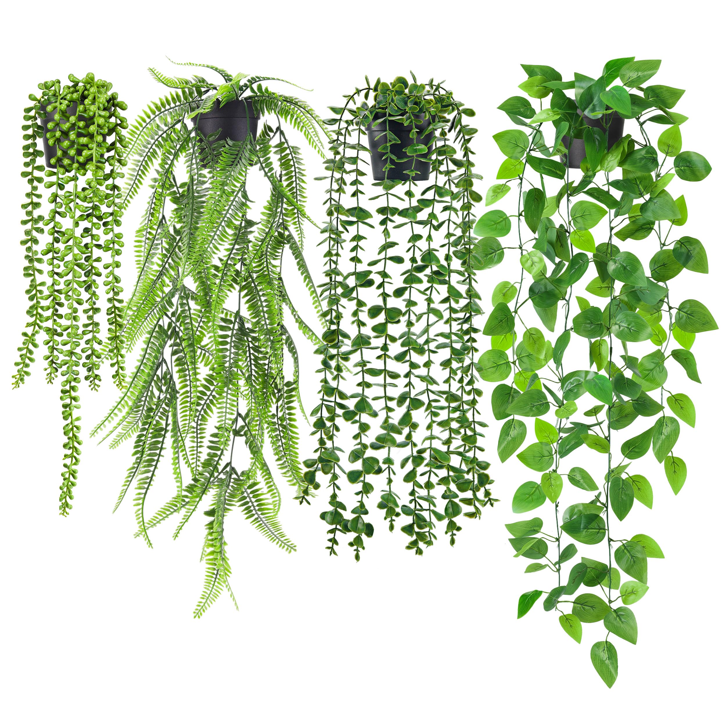 Der Rose 4Pcs Fake Plants Hanging Artificial Ivy Vine Faux Eucalyptus Hanging Plants, Boston Fern, String of Pearls for Living Room Bedroom Boho Wall Shelf Indoor Outdoor Decor