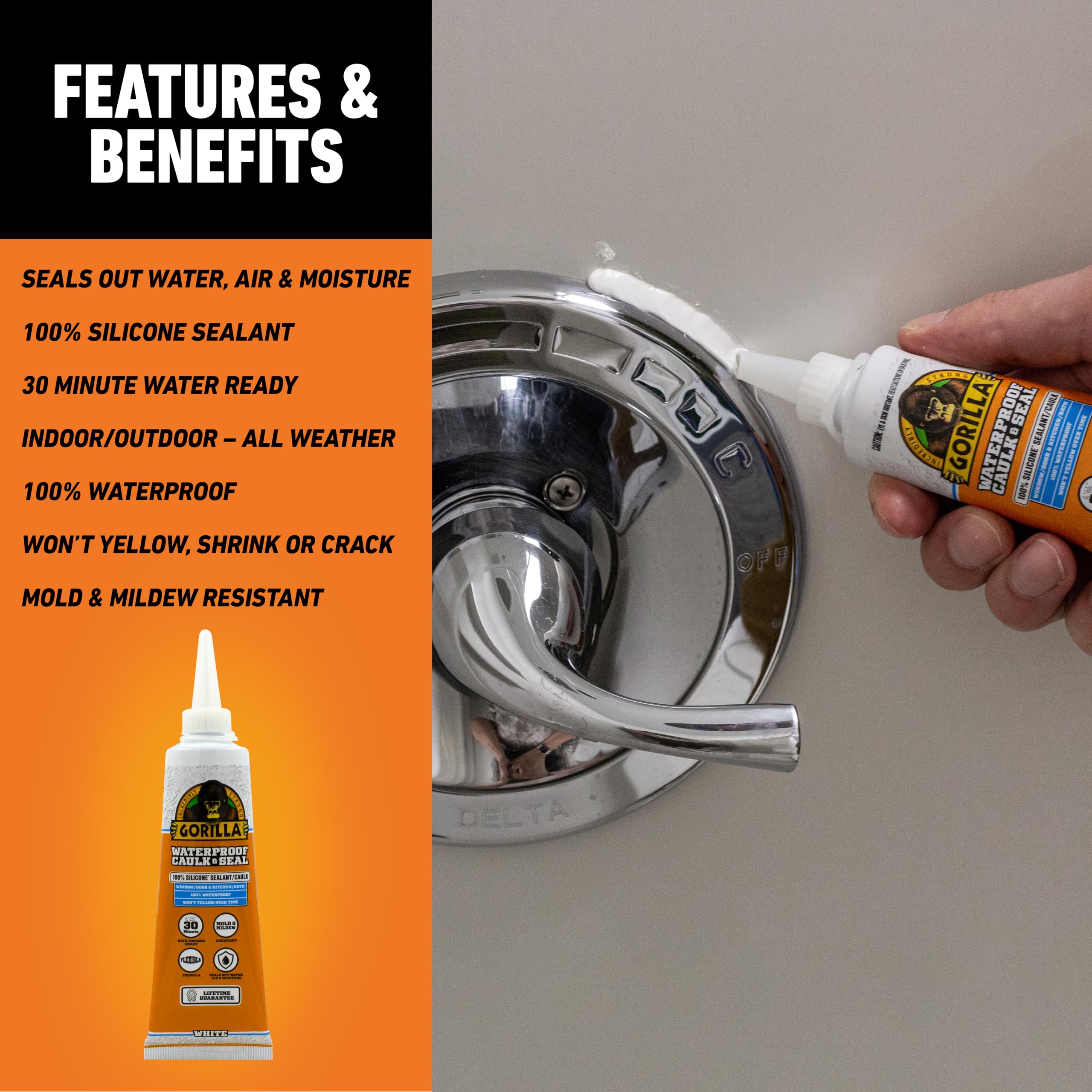 Gorilla 100% Silicone Caulk, Waterproof Sealant, 2.8oz Squeeze Tube (Pack of 2) – White -10 Year Mold Resistant Kitchen, Window, Bath, Marine, Door and More