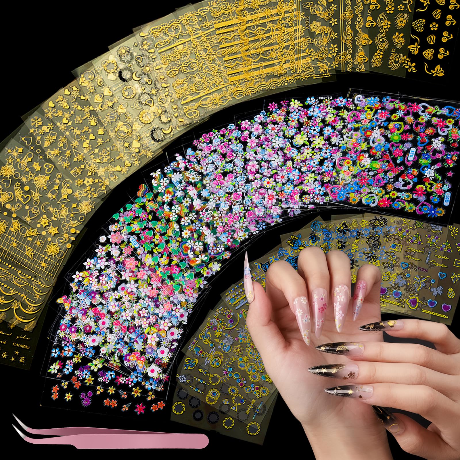 Teenitor 50 Sheets Nail Stickers for Nail Art, Flower Nail Art Stickers Gold Floral Nail Decals for Nails Design, Nail Decor Nail Accessories for Women Girls Kids Summer