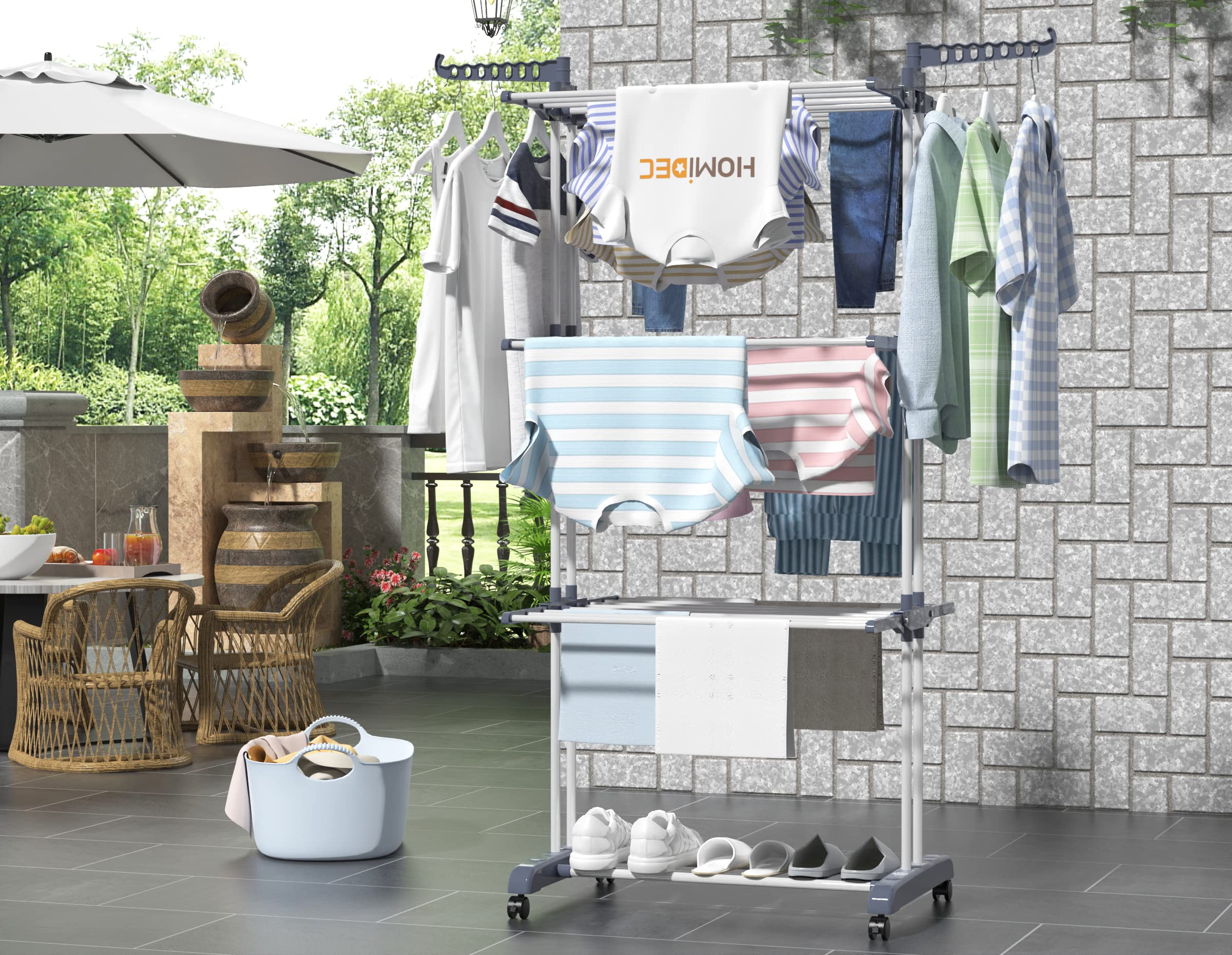 HOMIDEC Clothes Drying Rack, Oversized 4-Tier(67.7" High) Foldable Stainless Steel Drying Rack Clothing, Movable Drying Rack with 4 castors, 24 Drying Poles and 14 Hooks for Bed Linen, Clothing, Grey